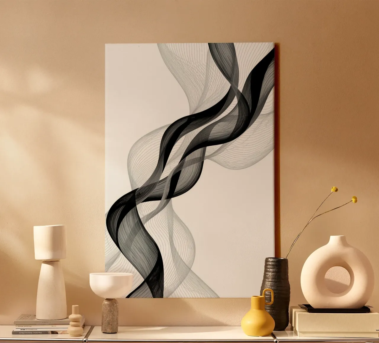 Linee ondulate astratte nero grigio e bianco tela con Cornice a cassetta da DesignDoodle