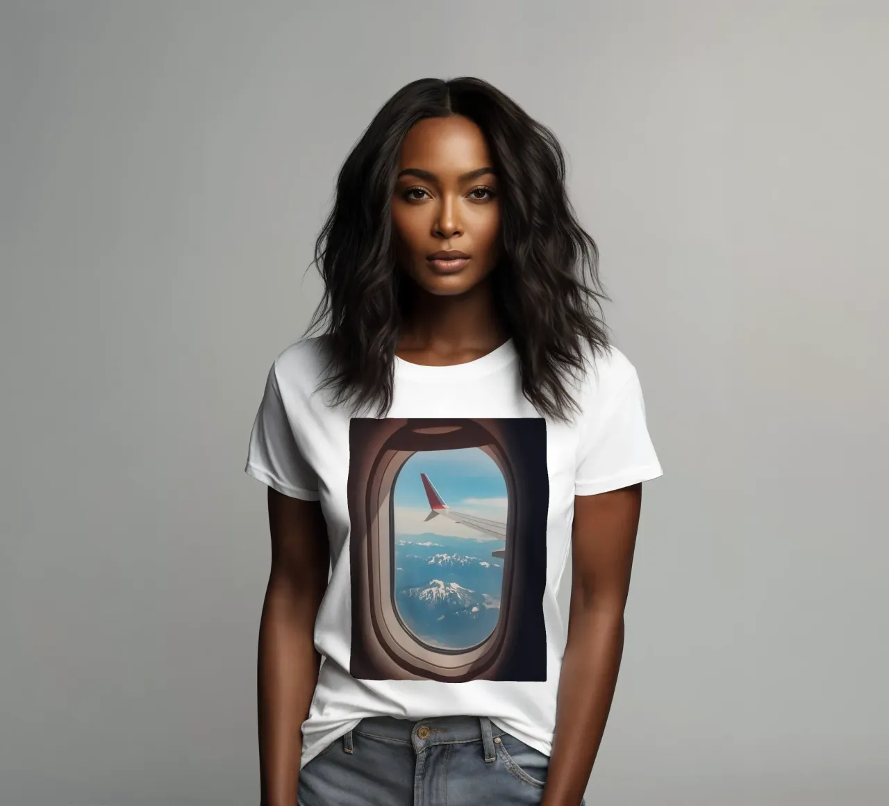 Vue d'un hublot d'avion sur une aile et des montagnes t-shirt ajusté pour femmes de DesignDoodle