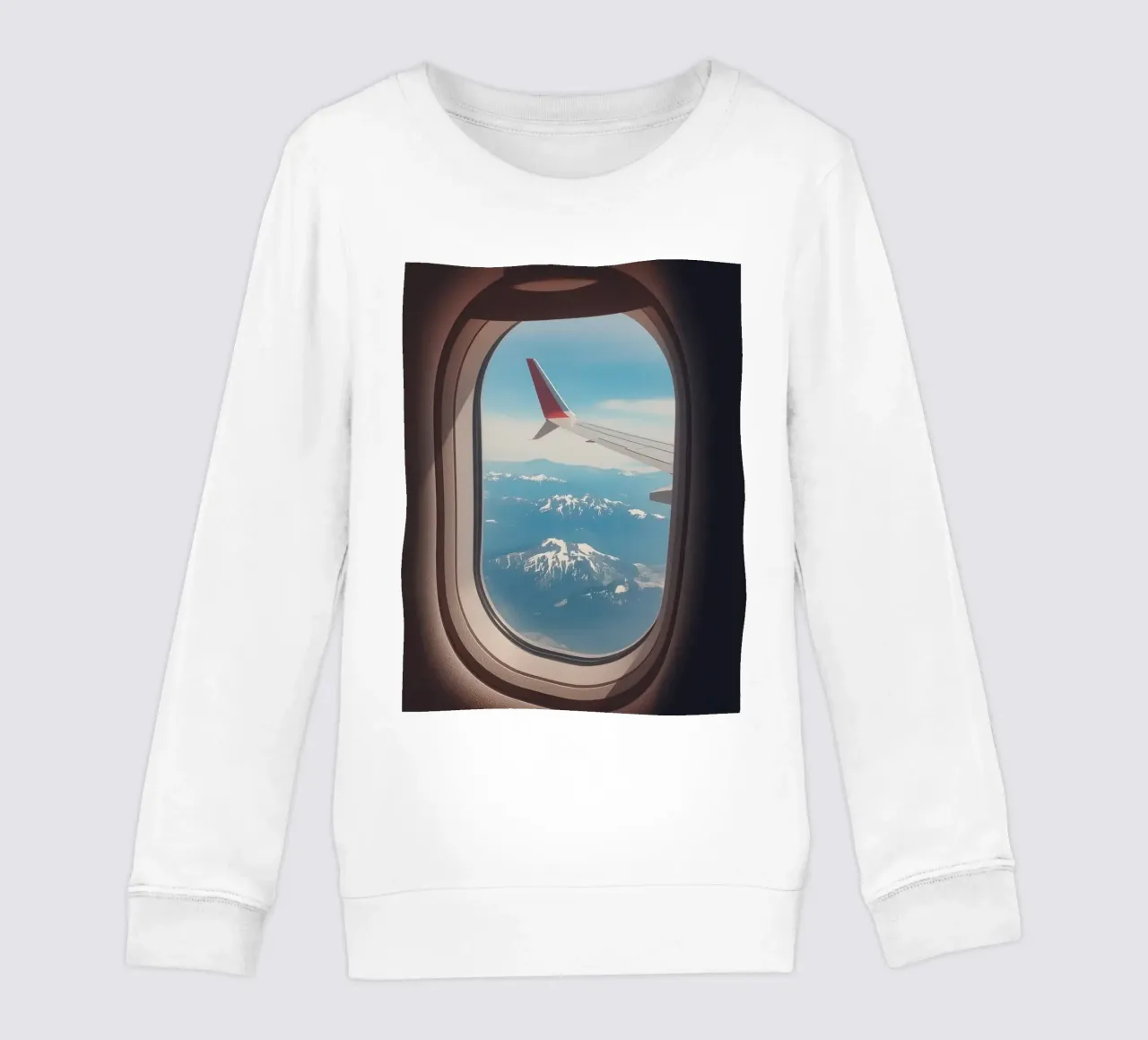 Vue d'un hublot d'avion sur une aile et des montagnes sweat enfant de DesignDoodle