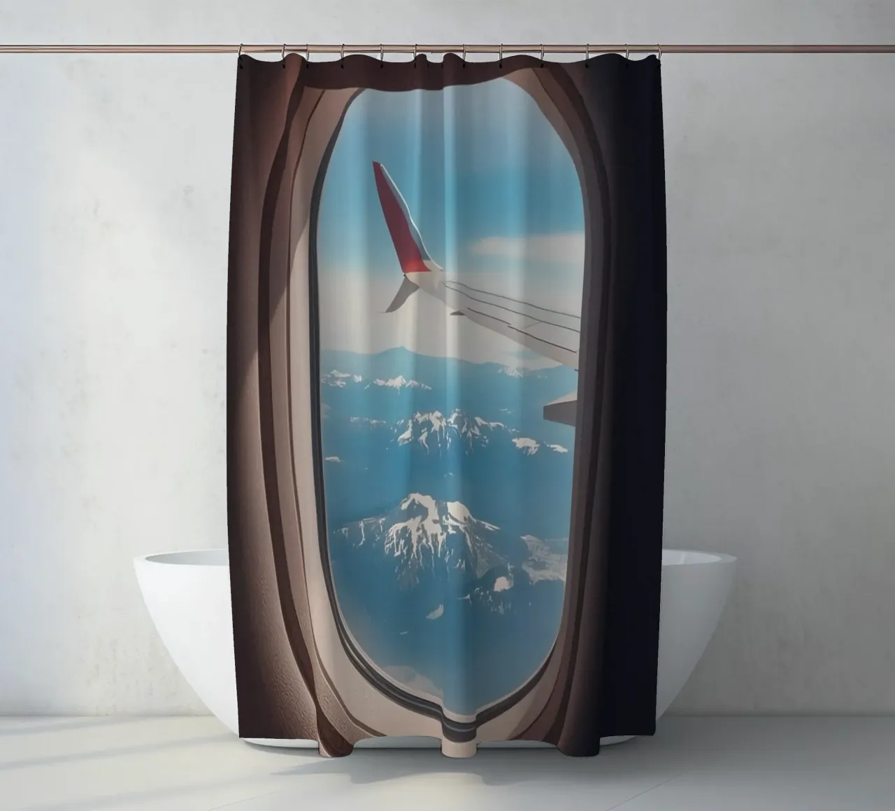 Vue d'un hublot d'avion sur une aile et des montagnes rideau de douche de DesignDoodle