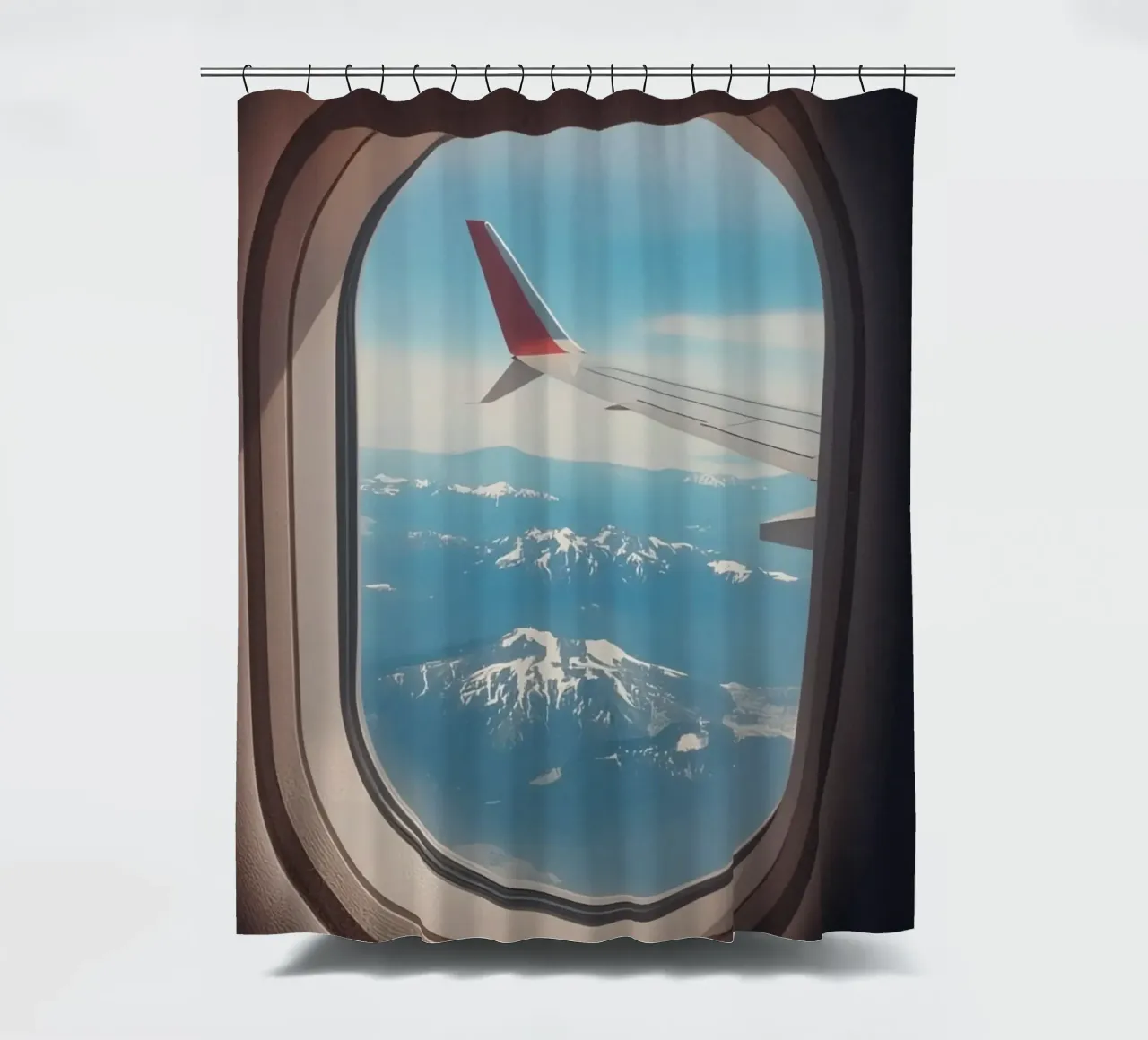 Vue d'un hublot d'avion sur une aile et des montagnes rideau de douche de DesignDoodle