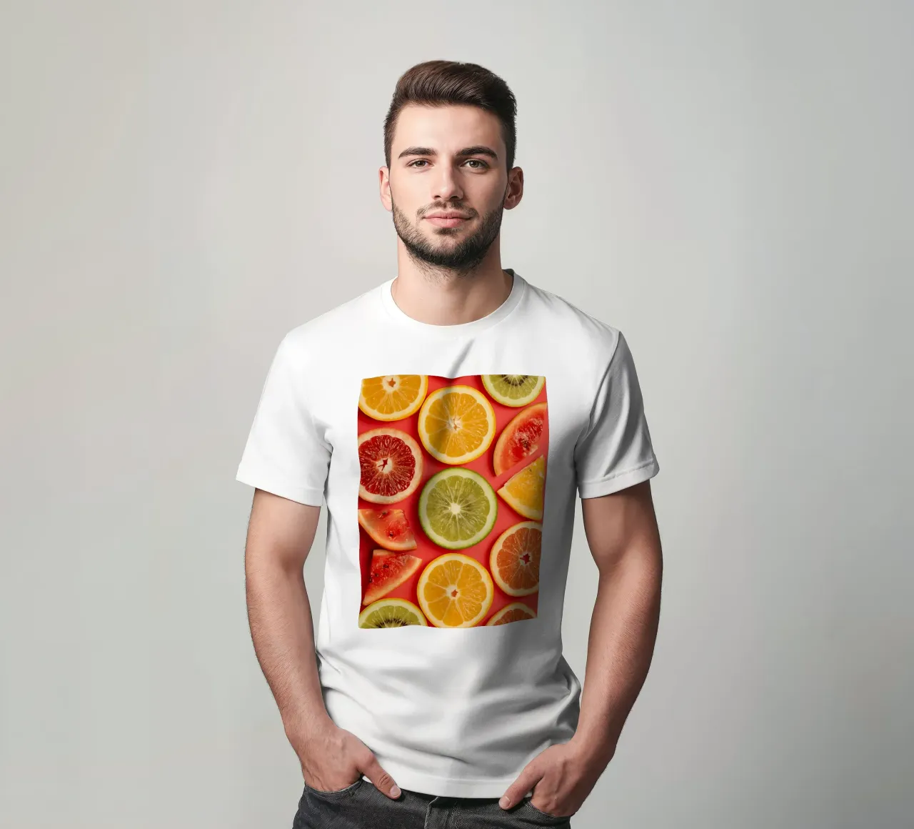 Assorted Sliced Citrus Fruits on Red Background t-shirt by DesignDoodle