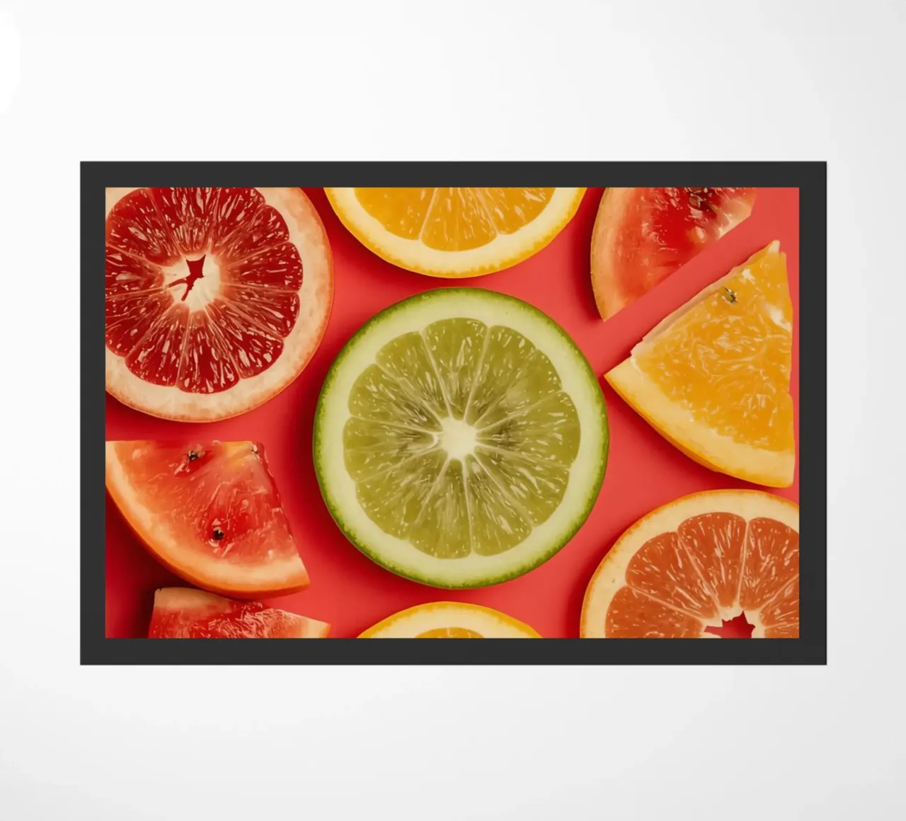 Assorted Sliced Citrus Fruits on Red Background doormat by DesignDoodle