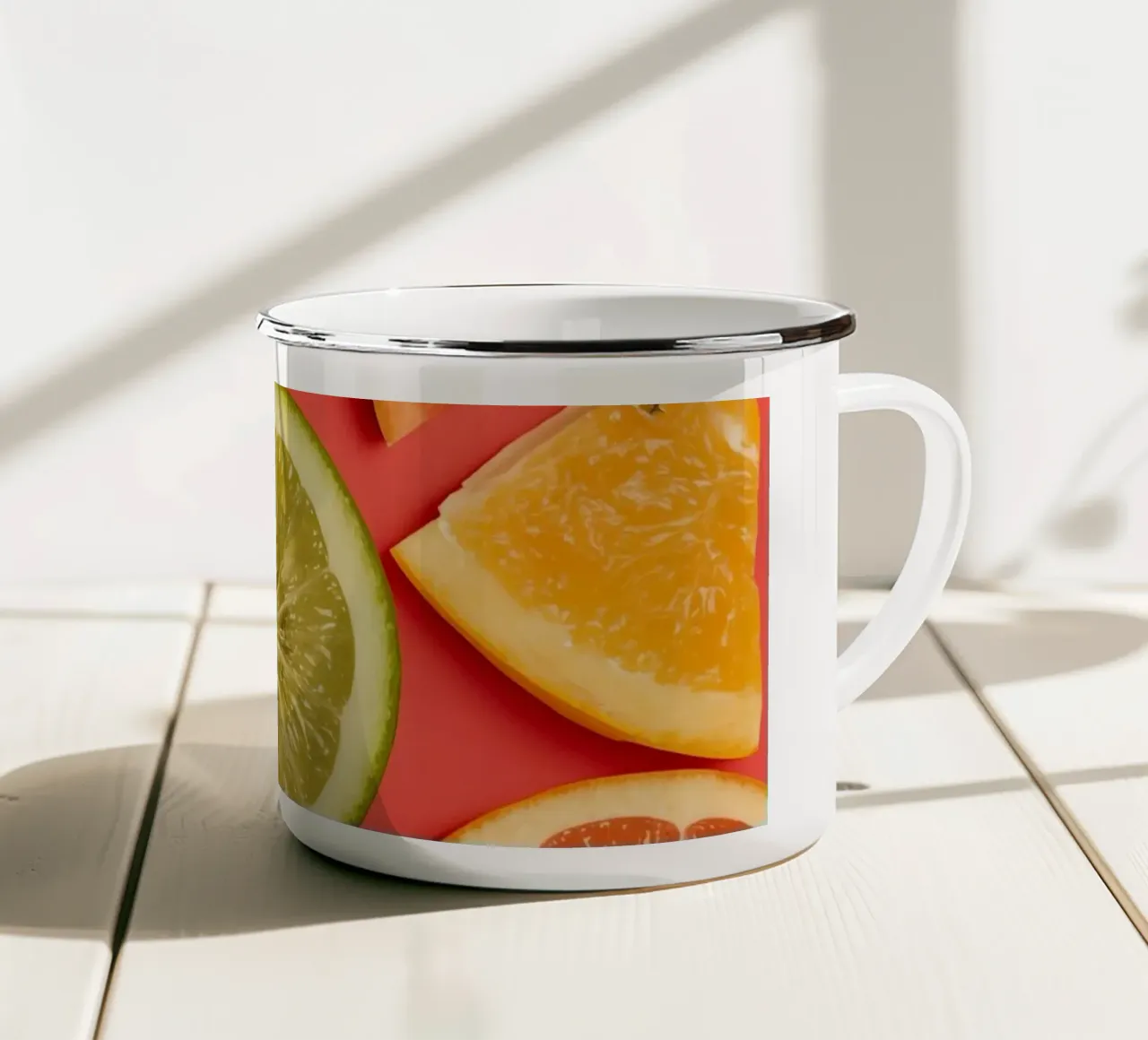 Assorted Sliced Citrus Fruits on Red Background enamel mug by DesignDoodle