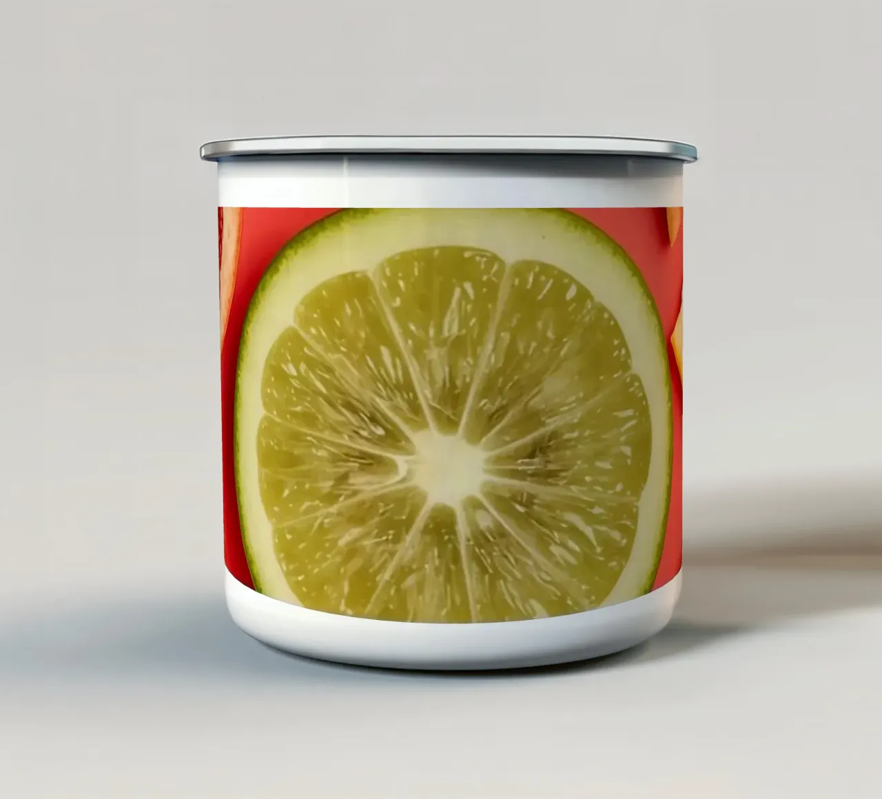Assorted Sliced Citrus Fruits on Red Background enamel mug by DesignDoodle
