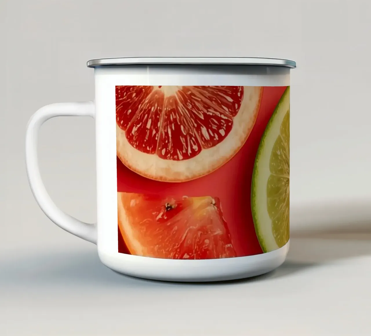 Assorted Sliced Citrus Fruits on Red Background enamel mug by DesignDoodle