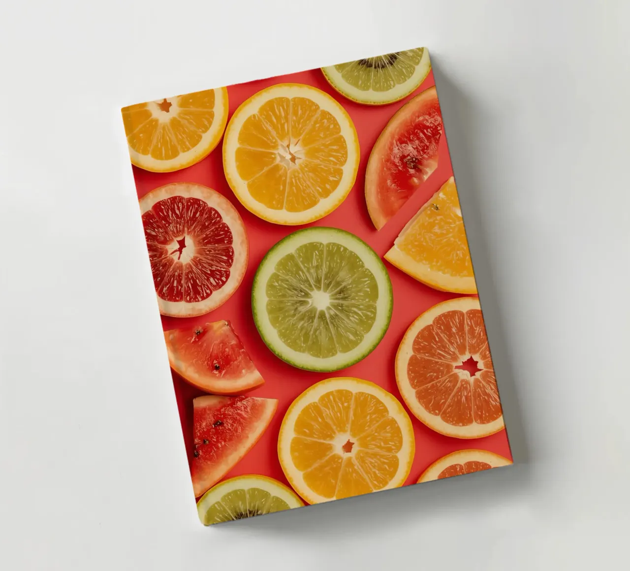 Assorted Sliced Citrus Fruits on Red Background notebook by DesignDoodle