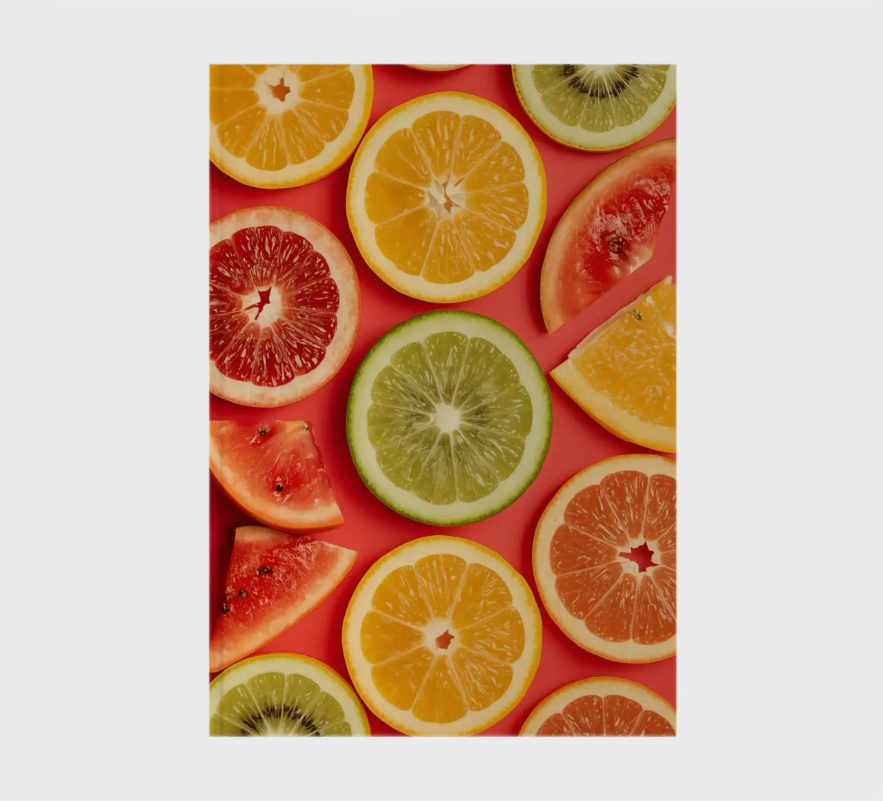 Assorted Sliced Citrus Fruits on Red Background notebook by DesignDoodle