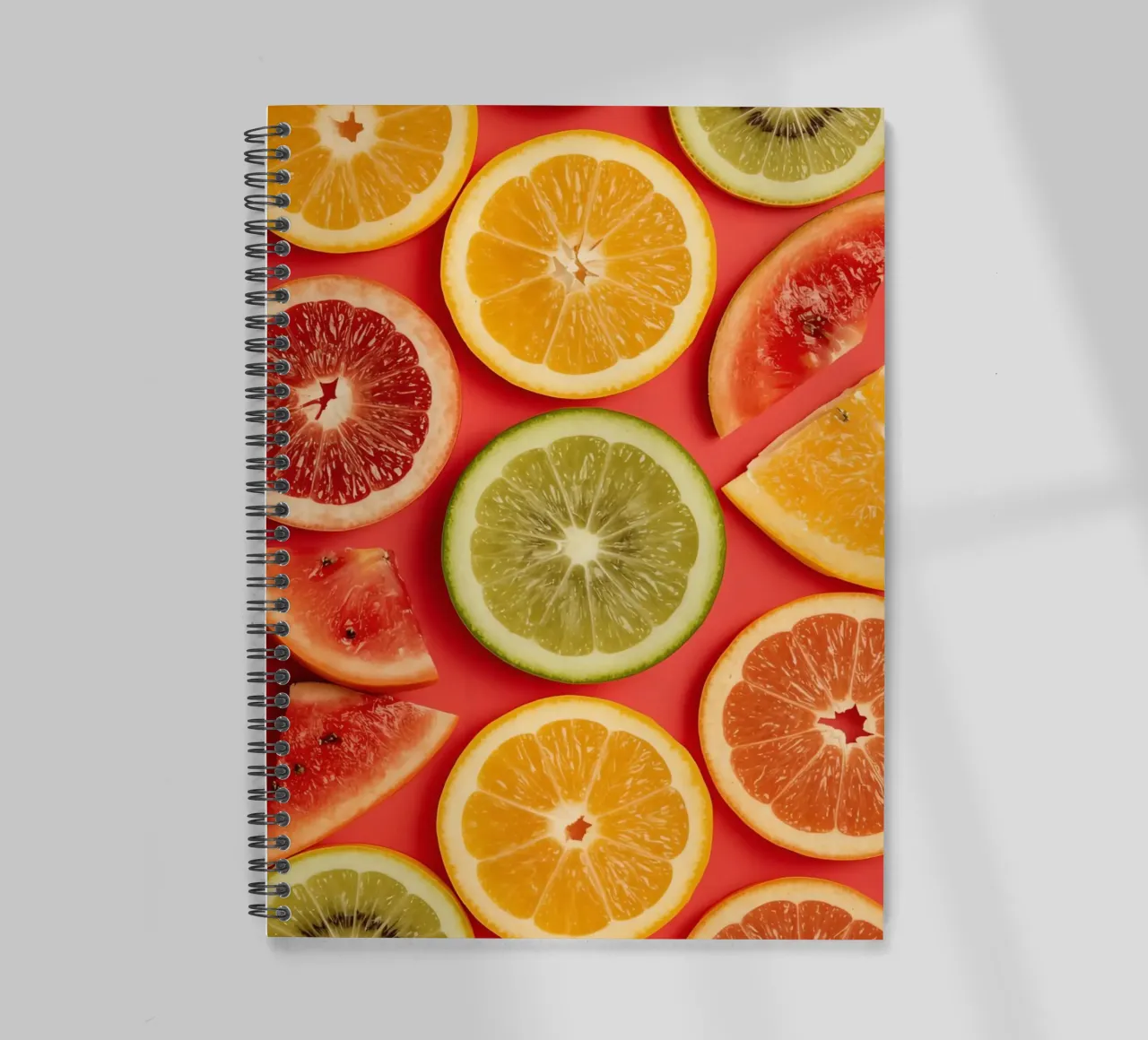 Assorted Sliced Citrus Fruits on Red Background spiral notebook by DesignDoodle