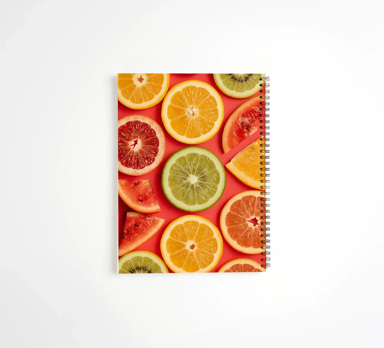 Assorted Sliced Citrus Fruits on Red Background spiral notebook by DesignDoodle
