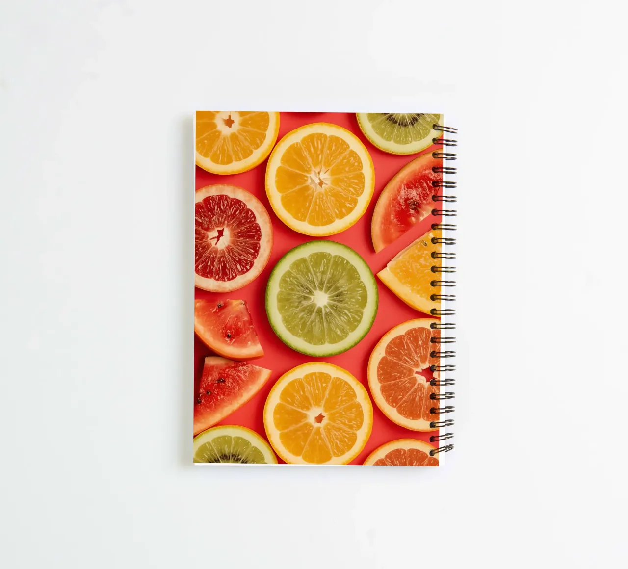 Assorted Sliced Citrus Fruits on Red Background spiral notebook by DesignDoodle
