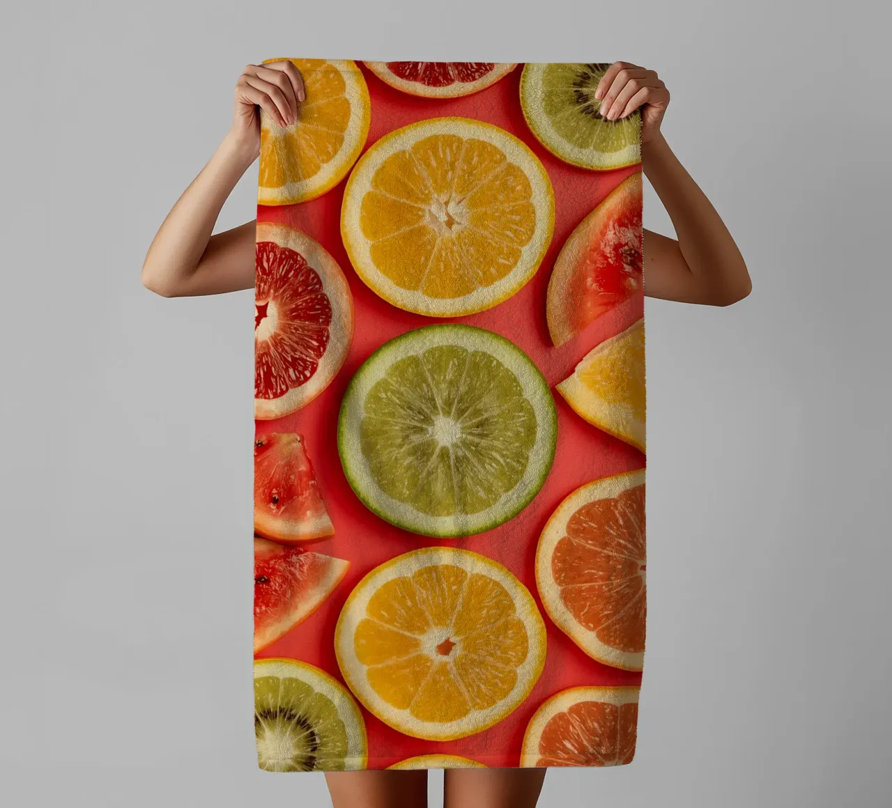 Assorted Sliced Citrus Fruits on Red Background towel by DesignDoodle