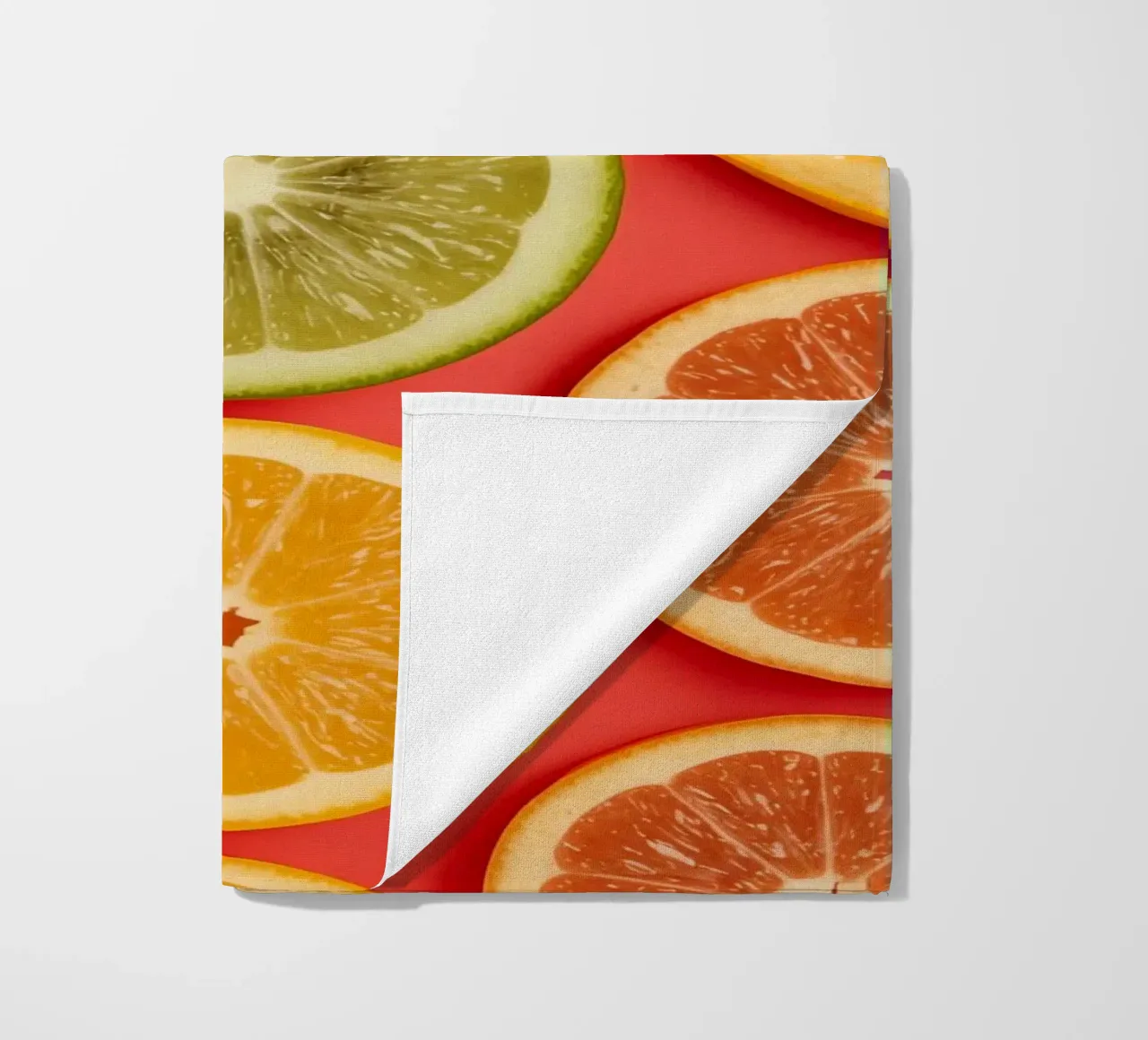 Assorted Sliced Citrus Fruits on Red Background beach towel by DesignDoodle