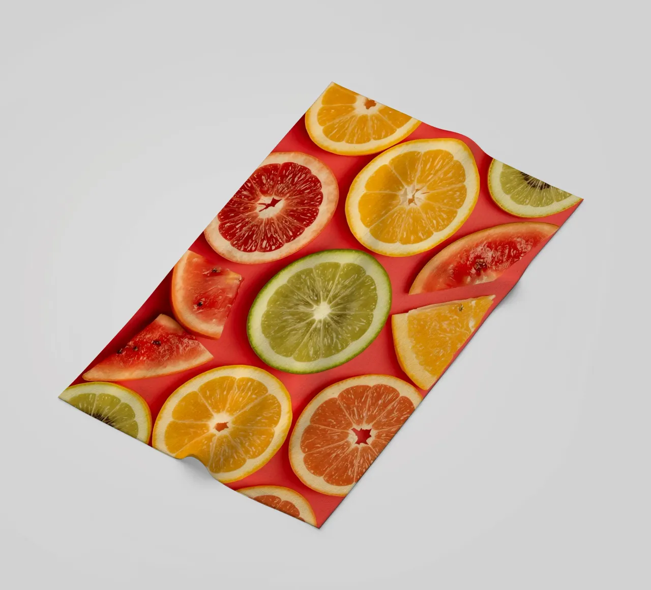 Assorted Sliced Citrus Fruits on Red Background beach towel by DesignDoodle