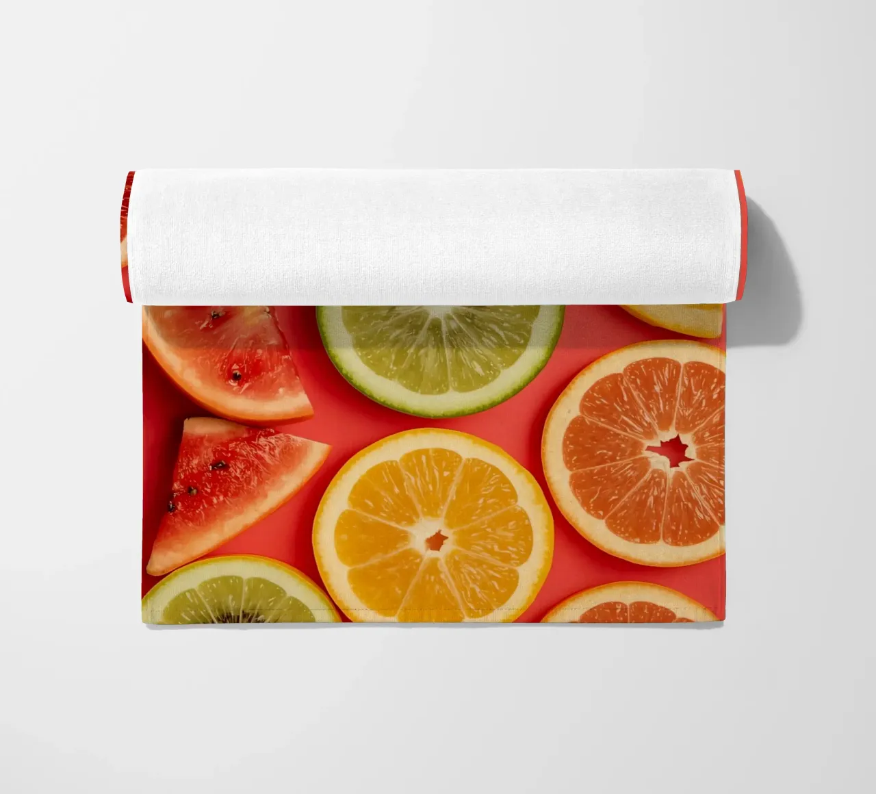 Assorted Sliced Citrus Fruits on Red Background beach towel by DesignDoodle
