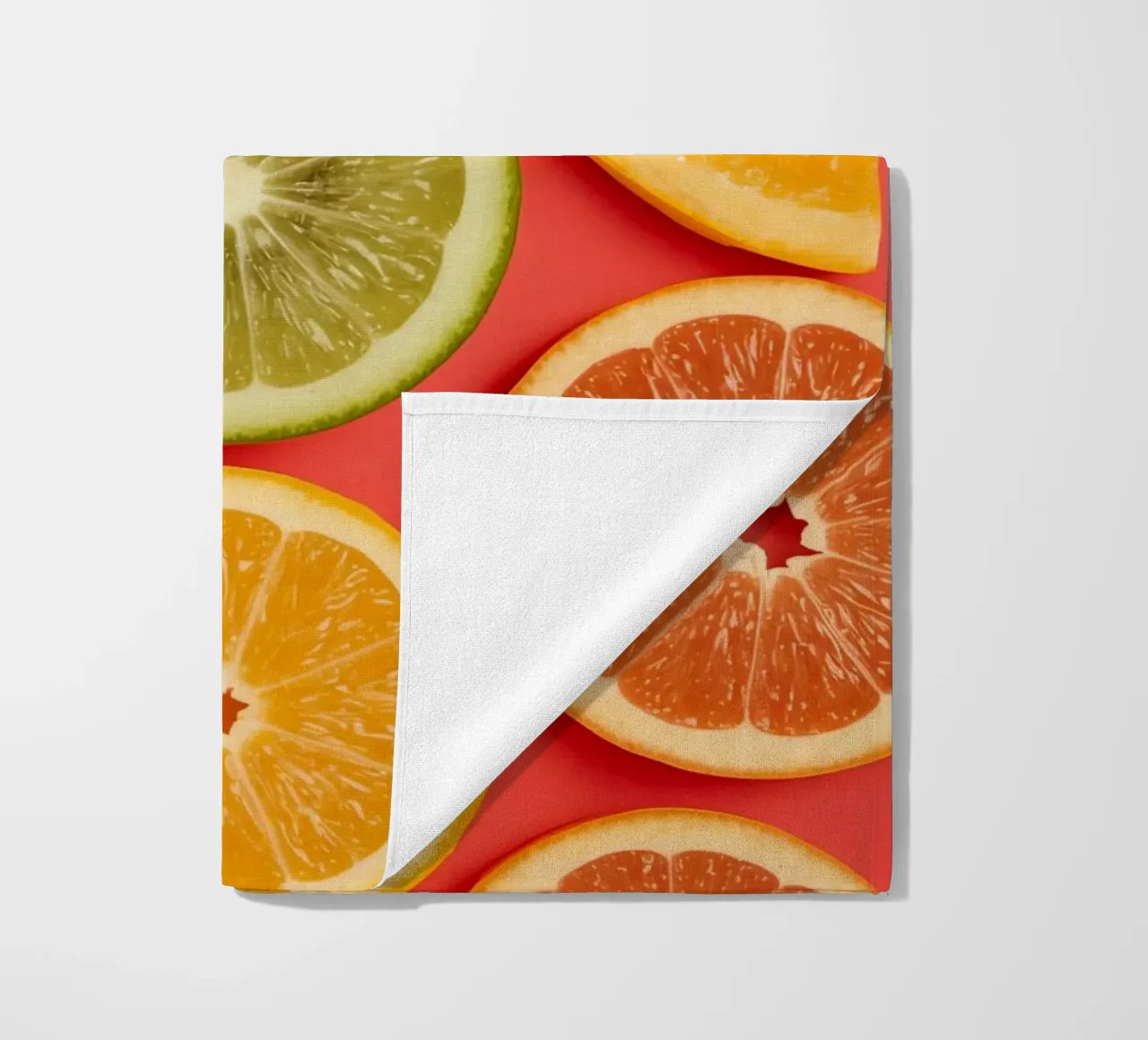 Assorted Sliced Citrus Fruits on Red Background beach towel by DesignDoodle