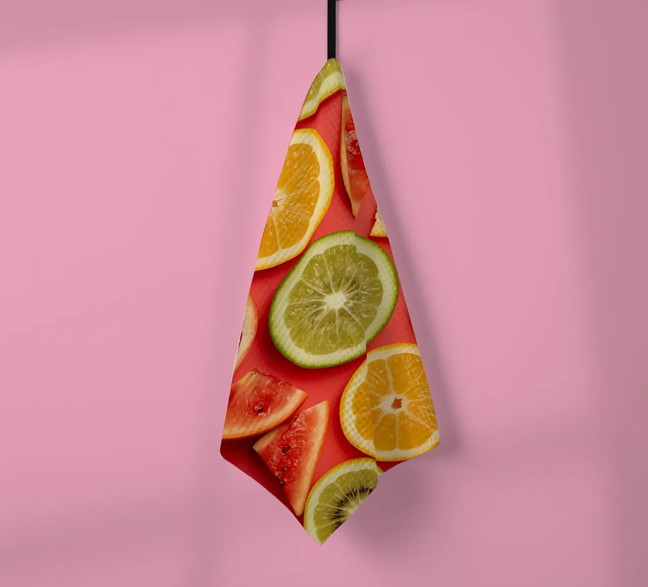 Assorted Sliced Citrus Fruits on Red Background tea towel by DesignDoodle