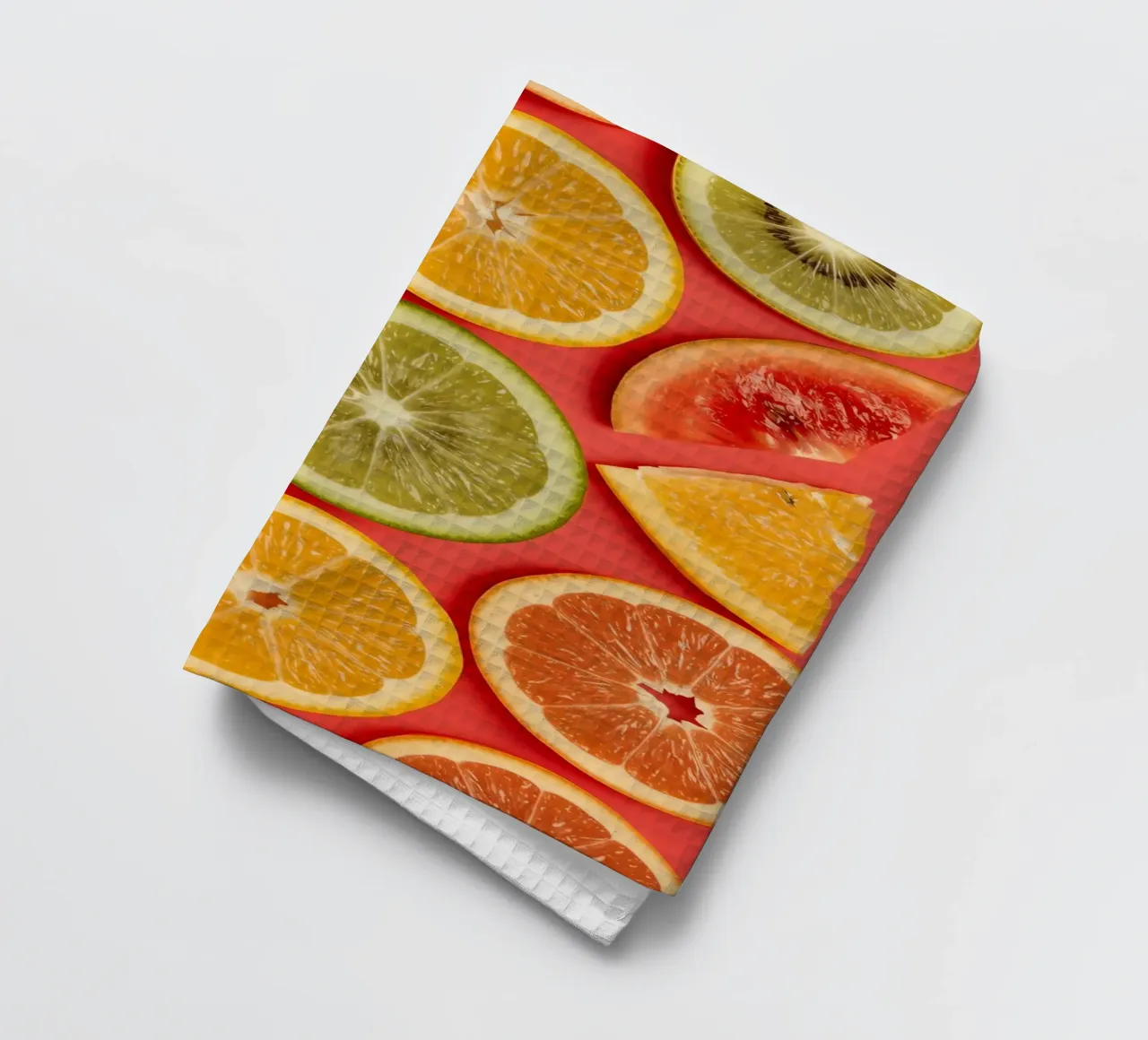 Assorted Sliced Citrus Fruits on Red Background tea towel by DesignDoodle