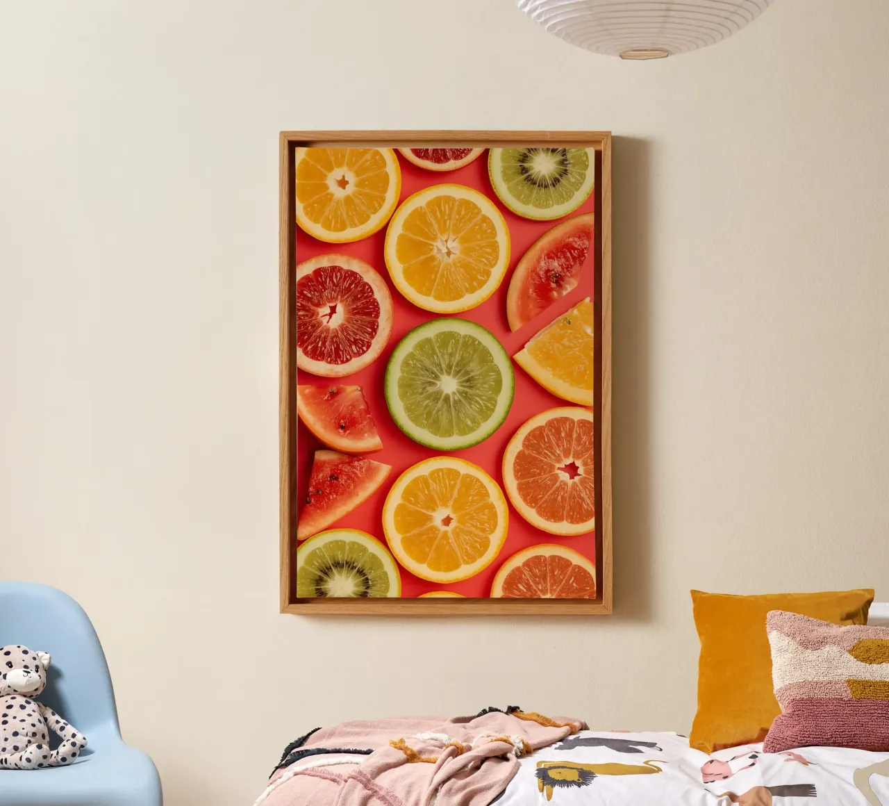 Assorted Sliced Citrus Fruits on Red Background canvas with Floater frame by DesignDoodle