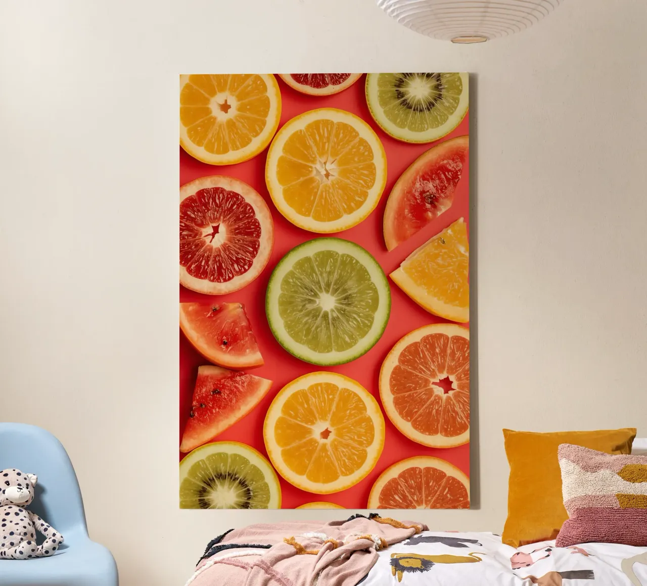 Assorted Sliced Citrus Fruits on Red Background canvas with Floater frame by DesignDoodle