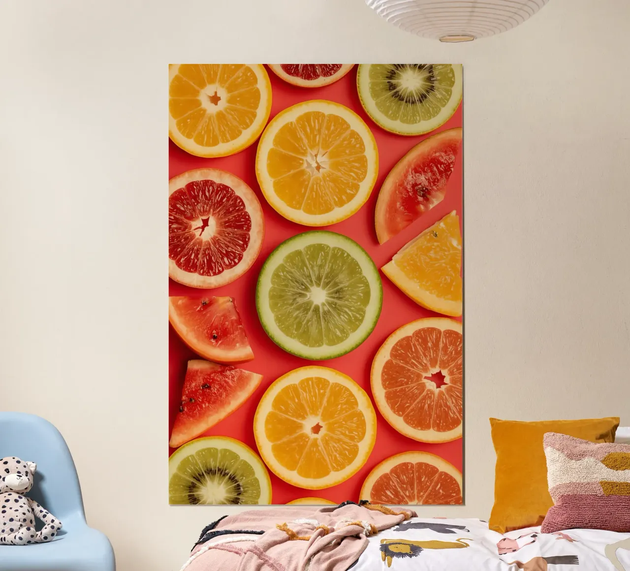Gemischte geschnittene Zitrusfrüchte auf rotem Hintergrund Poster mit Aluminium Rahmen von DesignDoodle