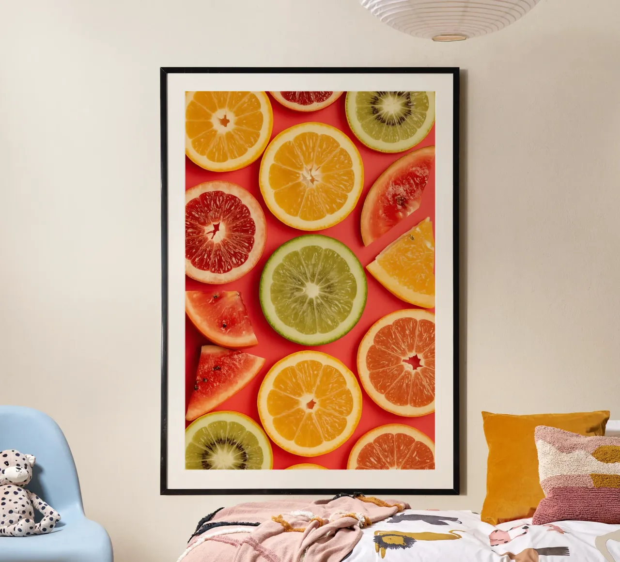 Gemischte geschnittene Zitrusfrüchte auf rotem Hintergrund Poster mit Aluminium Rahmen von DesignDoodle