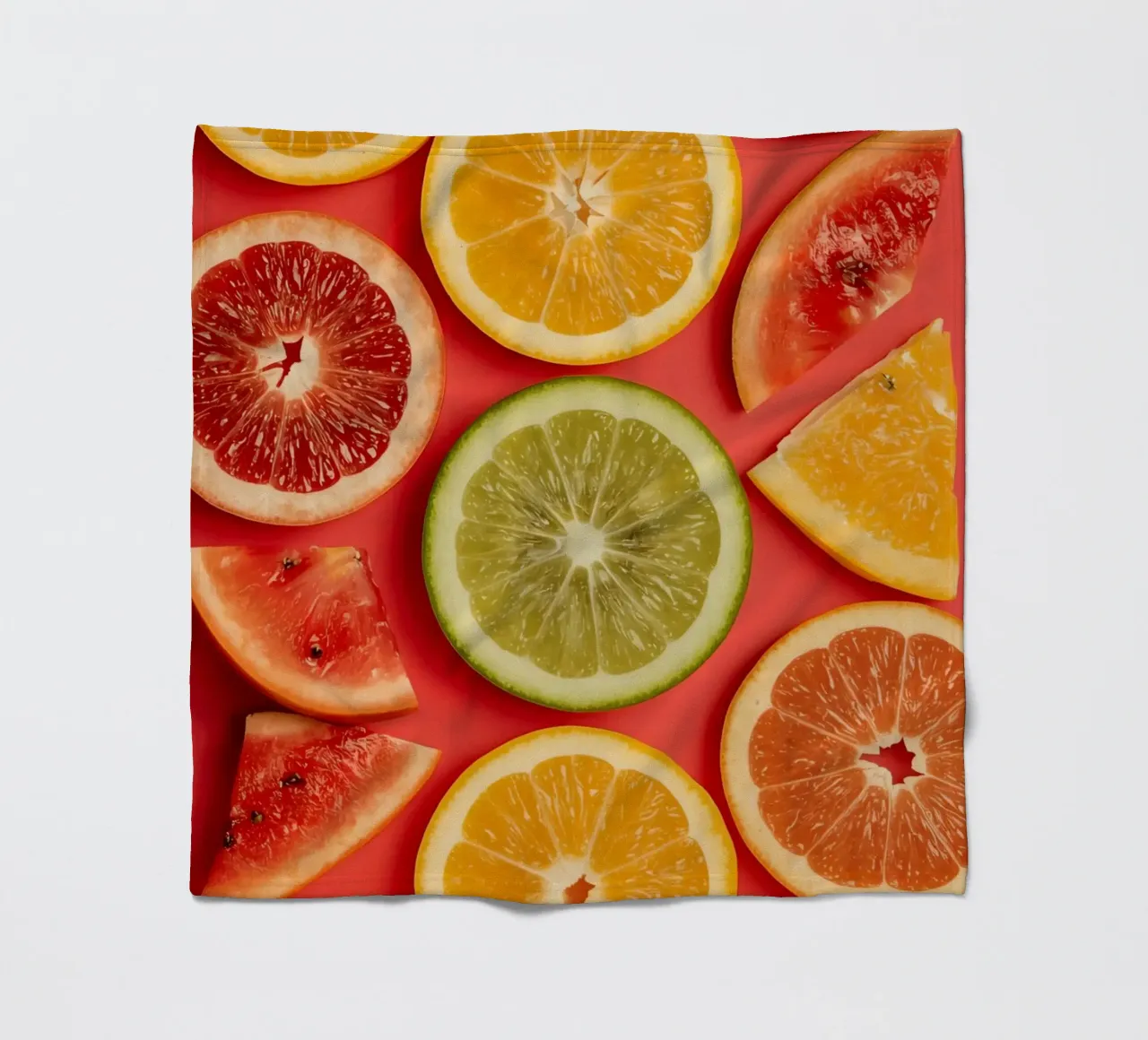 Assorted Sliced Citrus Fruits on Red Background fleece blanket by DesignDoodle