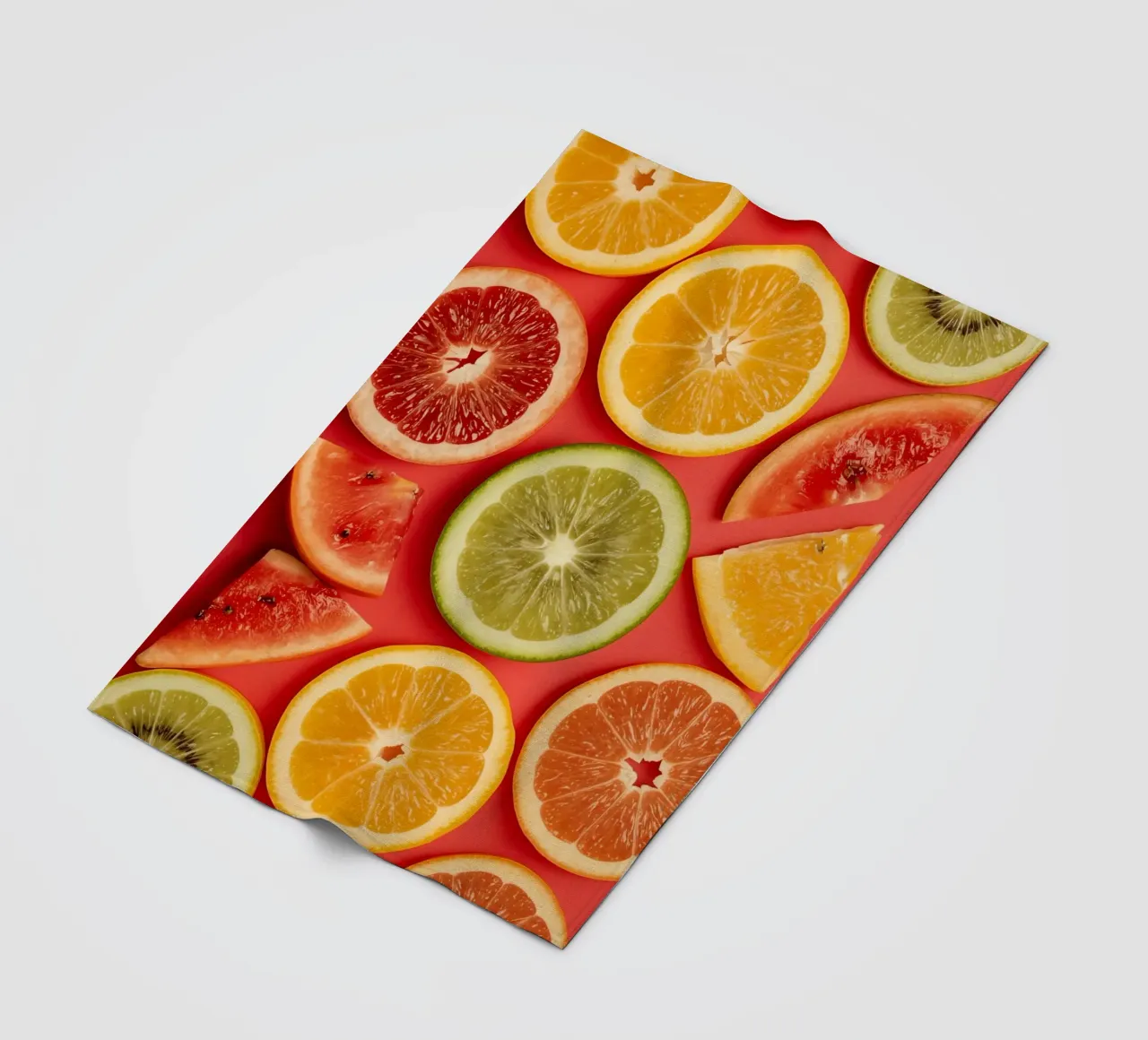 Assorted Sliced Citrus Fruits on Red Background fleece blanket by DesignDoodle