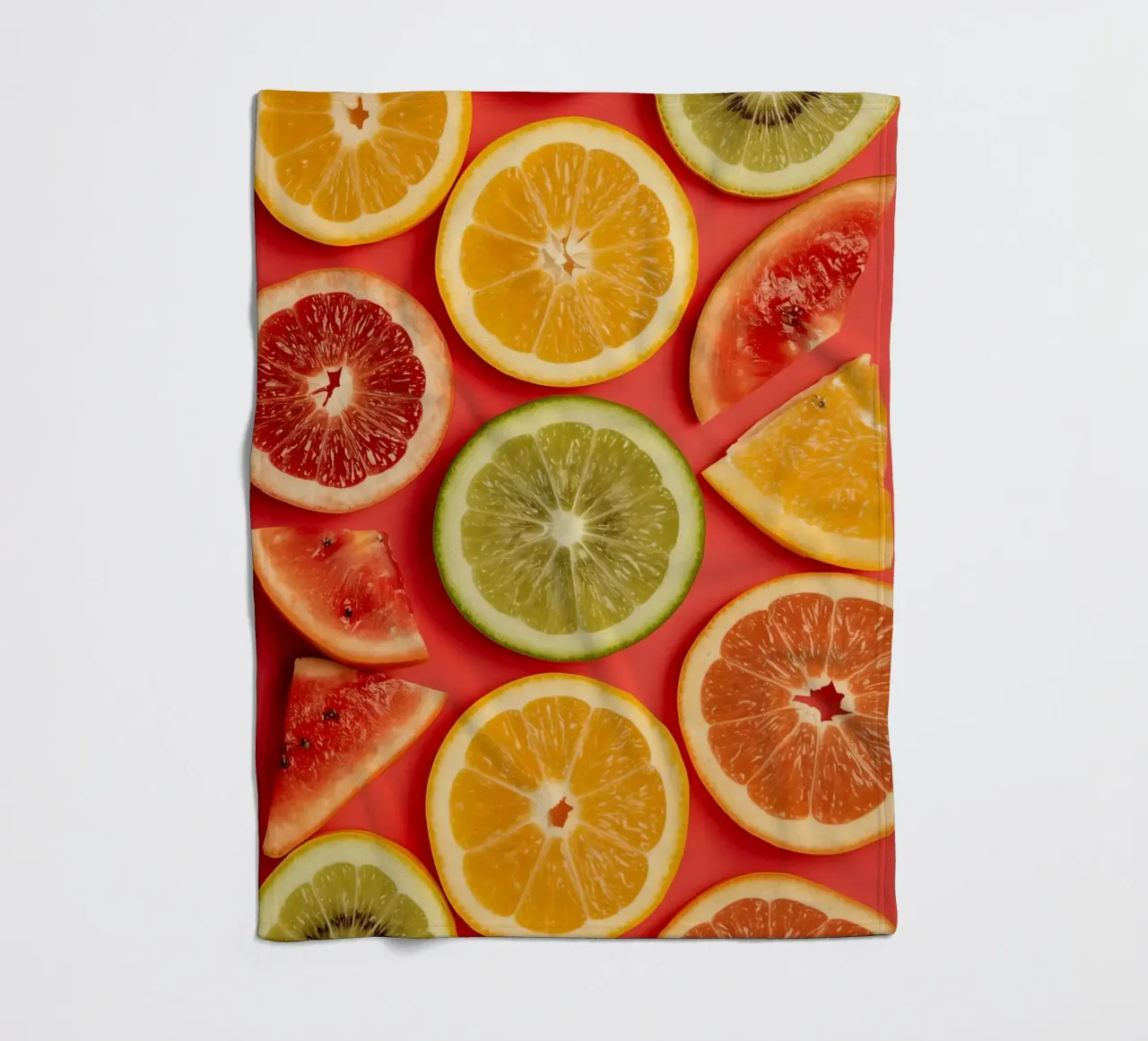 Assorted Sliced Citrus Fruits on Red Background fleece blanket by DesignDoodle