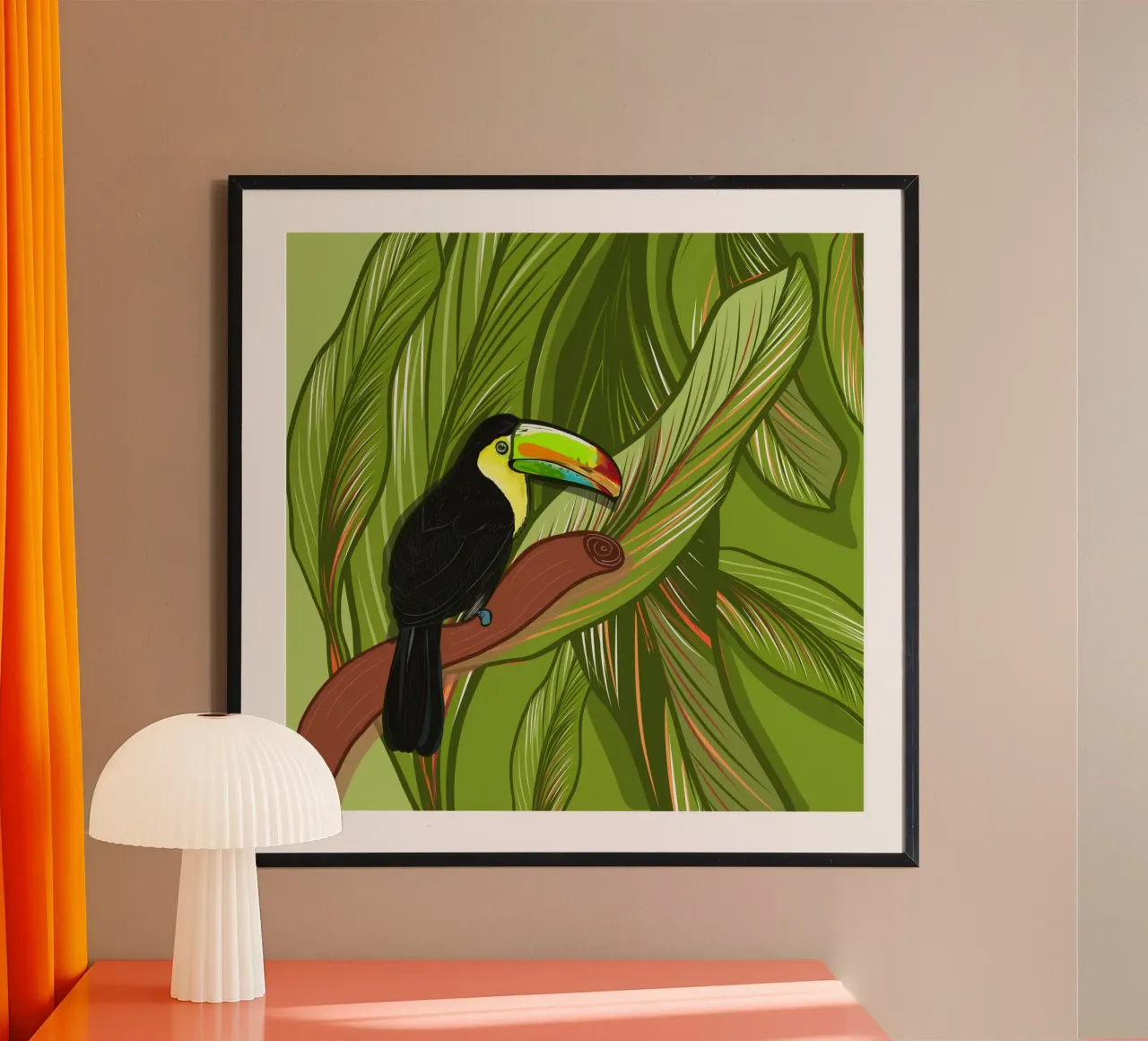 Pappagallo disegnato a mano con foglie poster con telaio in legno da gulsengunel