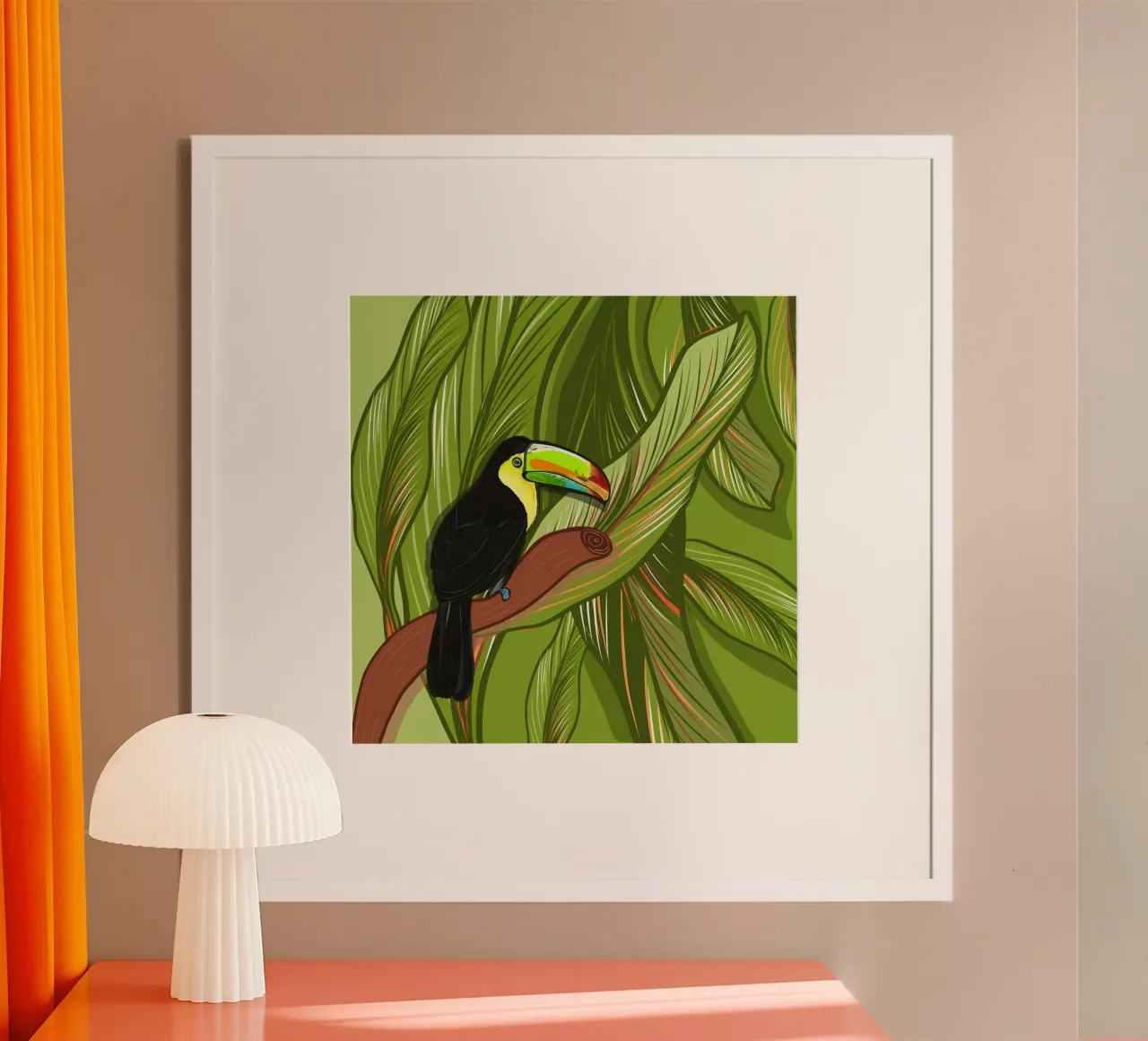 Pappagallo disegnato a mano con foglie poster con telaio in legno da gulsengunel