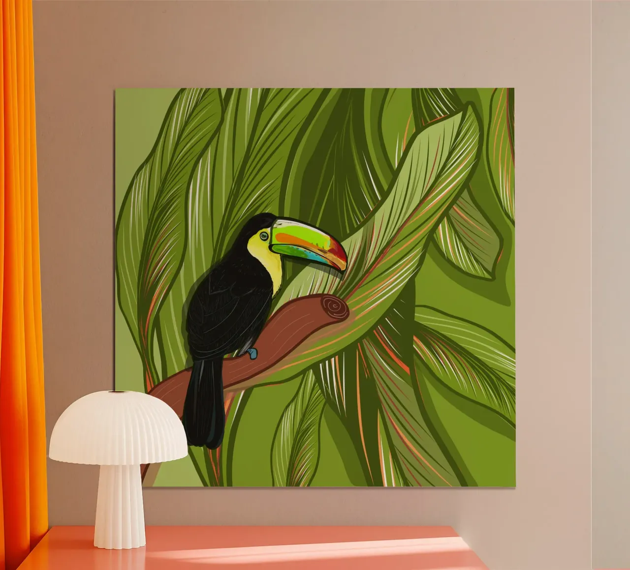 Pappagallo disegnato a mano con foglie poster con telaio in legno da gulsengunel