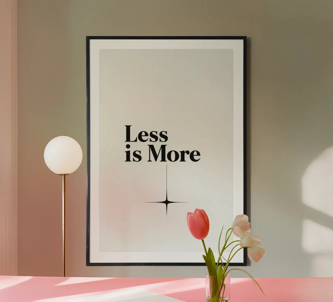 Testo nero Less is More sopra la stella a quattro punti poster con telaio in legno da DesignDoodle