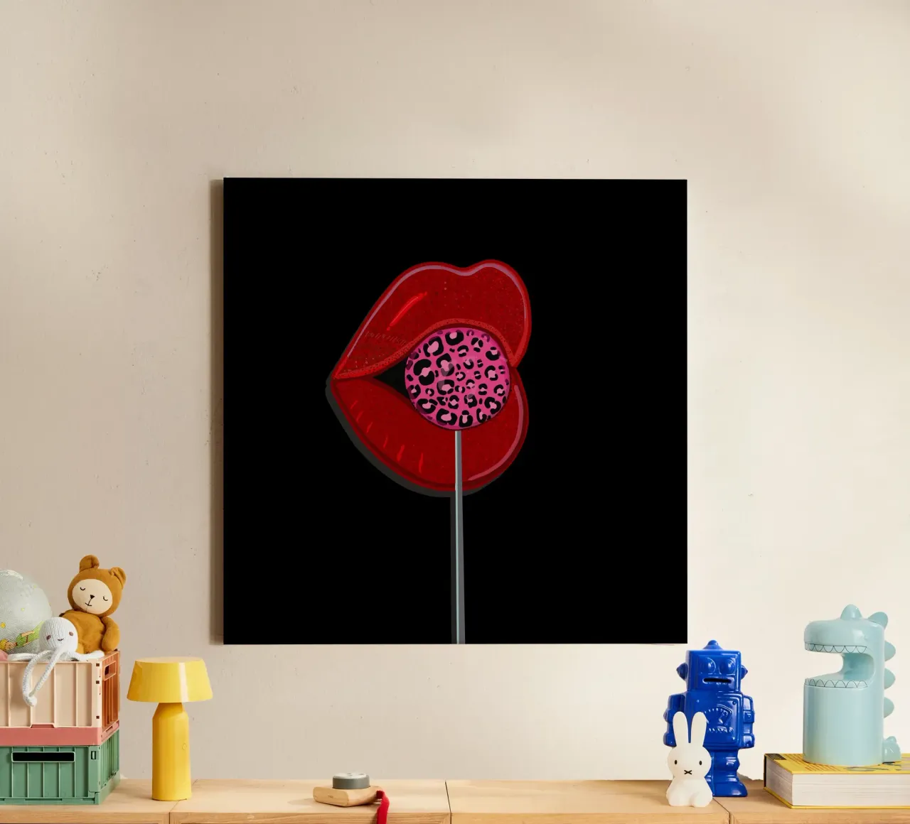 Leopard candy with shining lips canvas with Floater frame by gulsengunel