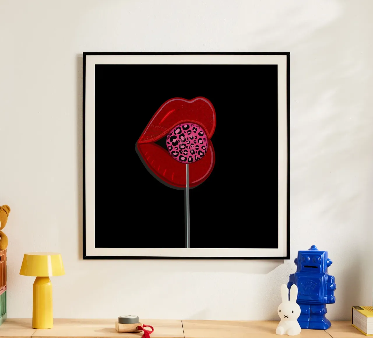 Caramelle leopardate con labbra brillanti poster con telaio in legno da gulsengunel