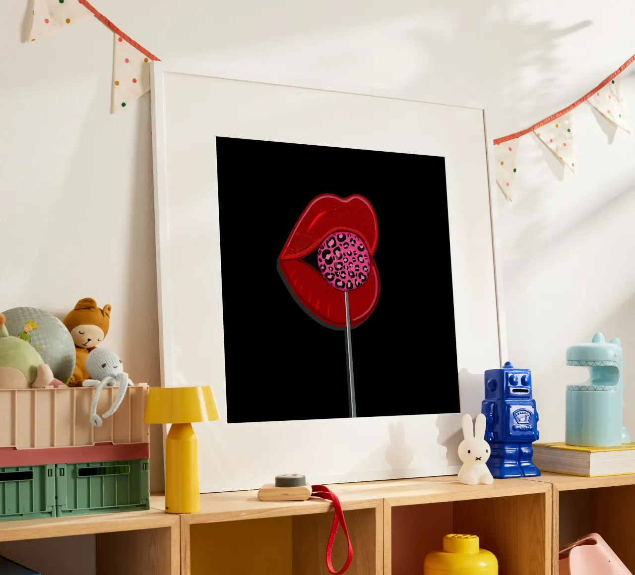 Caramelle leopardate con labbra brillanti poster con telaio in legno da gulsengunel