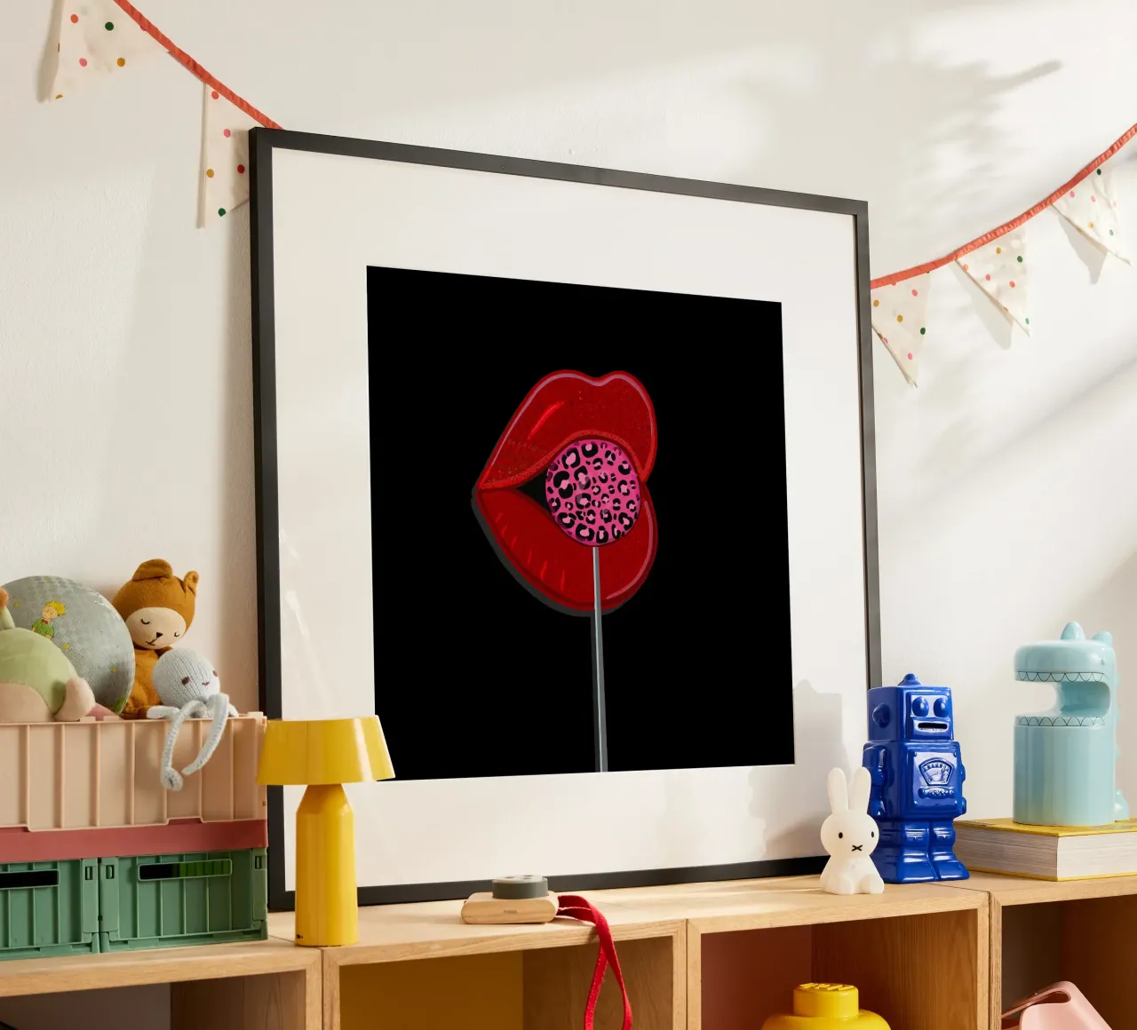 Caramelle leopardate con labbra brillanti poster con telaio in legno da gulsengunel