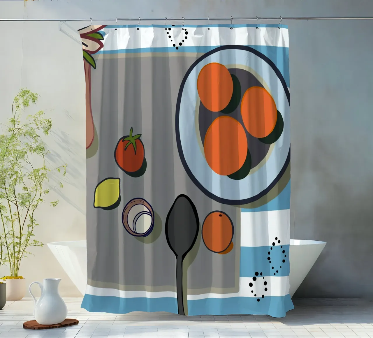 Orangen, Zitrone und Tomate Duschvorhang von gulsengunel