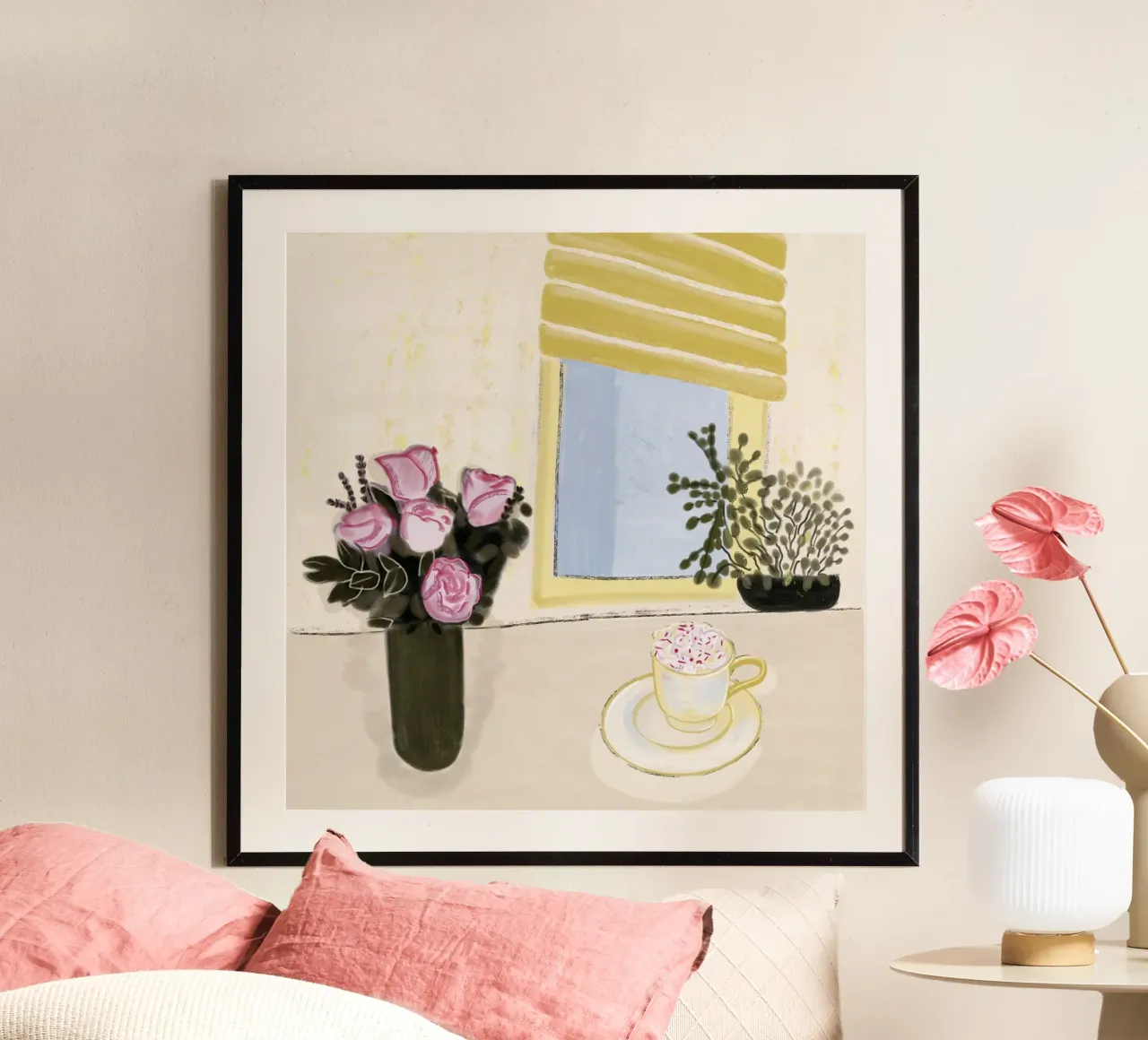 Natura morta di rose rosa e caffè disegnata a mano poster con telaio in legno da gulsengunel
