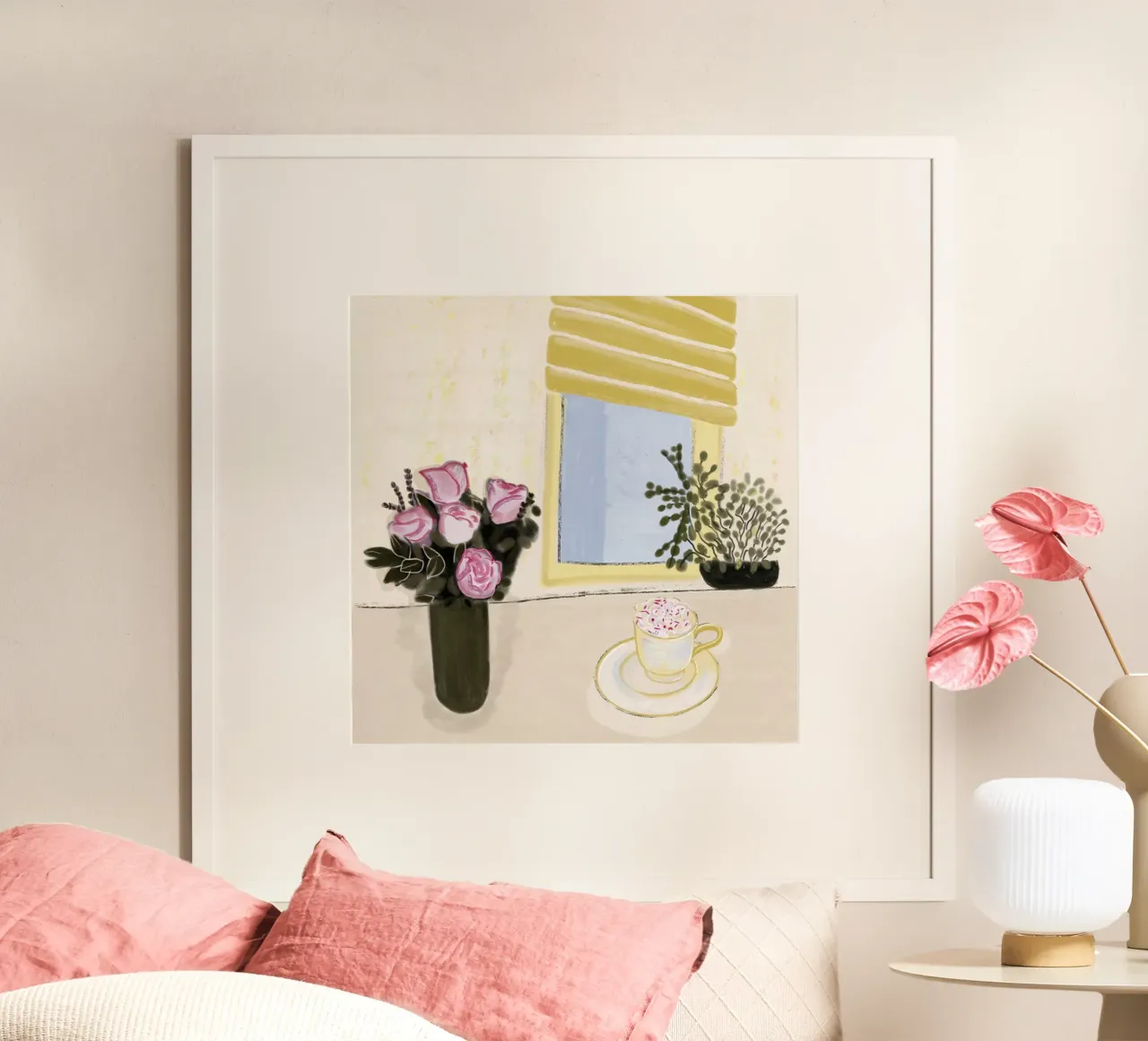 Natura morta di rose rosa e caffè disegnata a mano poster con telaio in legno da gulsengunel