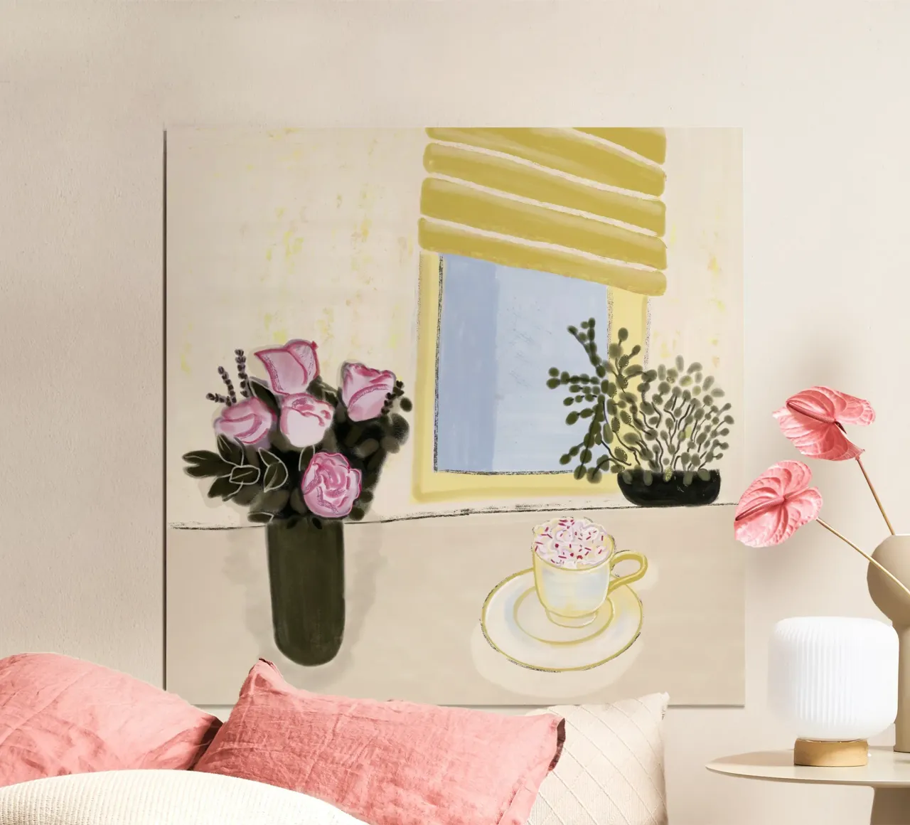 Natura morta di rose rosa e caffè disegnata a mano poster con telaio in legno da gulsengunel