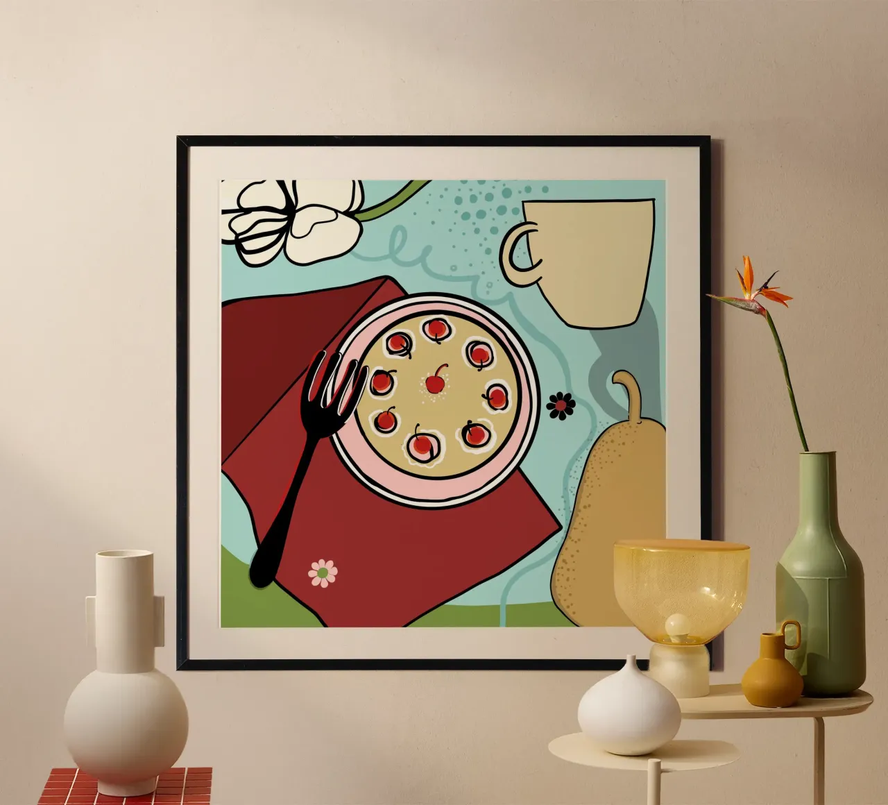 Pizza dibujada a mano poster con marco de madera de gulsengunel