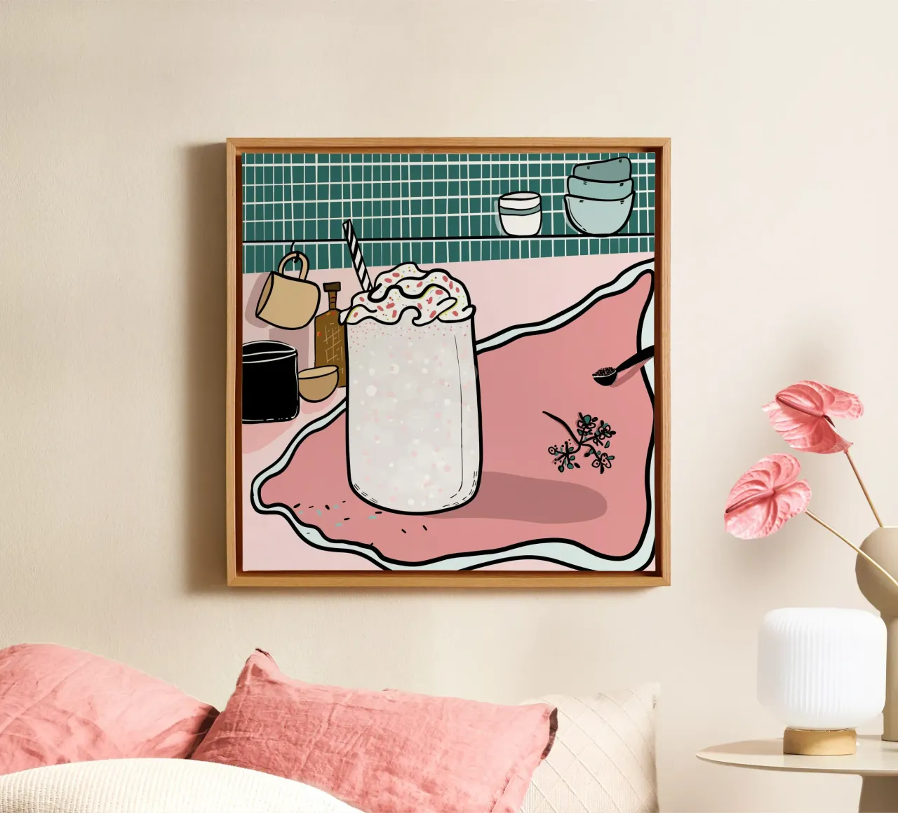 Milkshake still life illustration canvas with Floater frame by gulsengunel