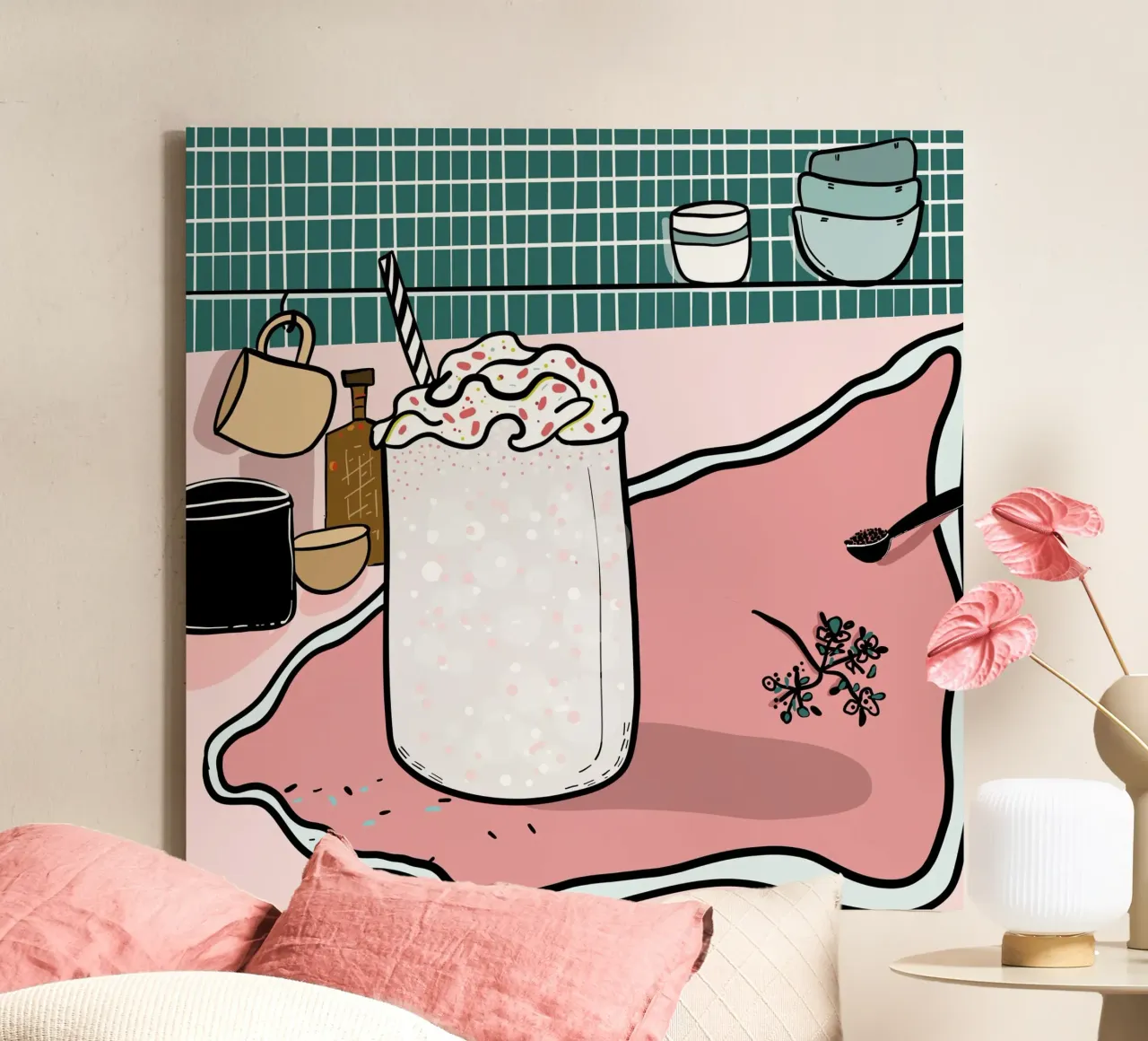 Milkshake still life illustration canvas with Floater frame by gulsengunel