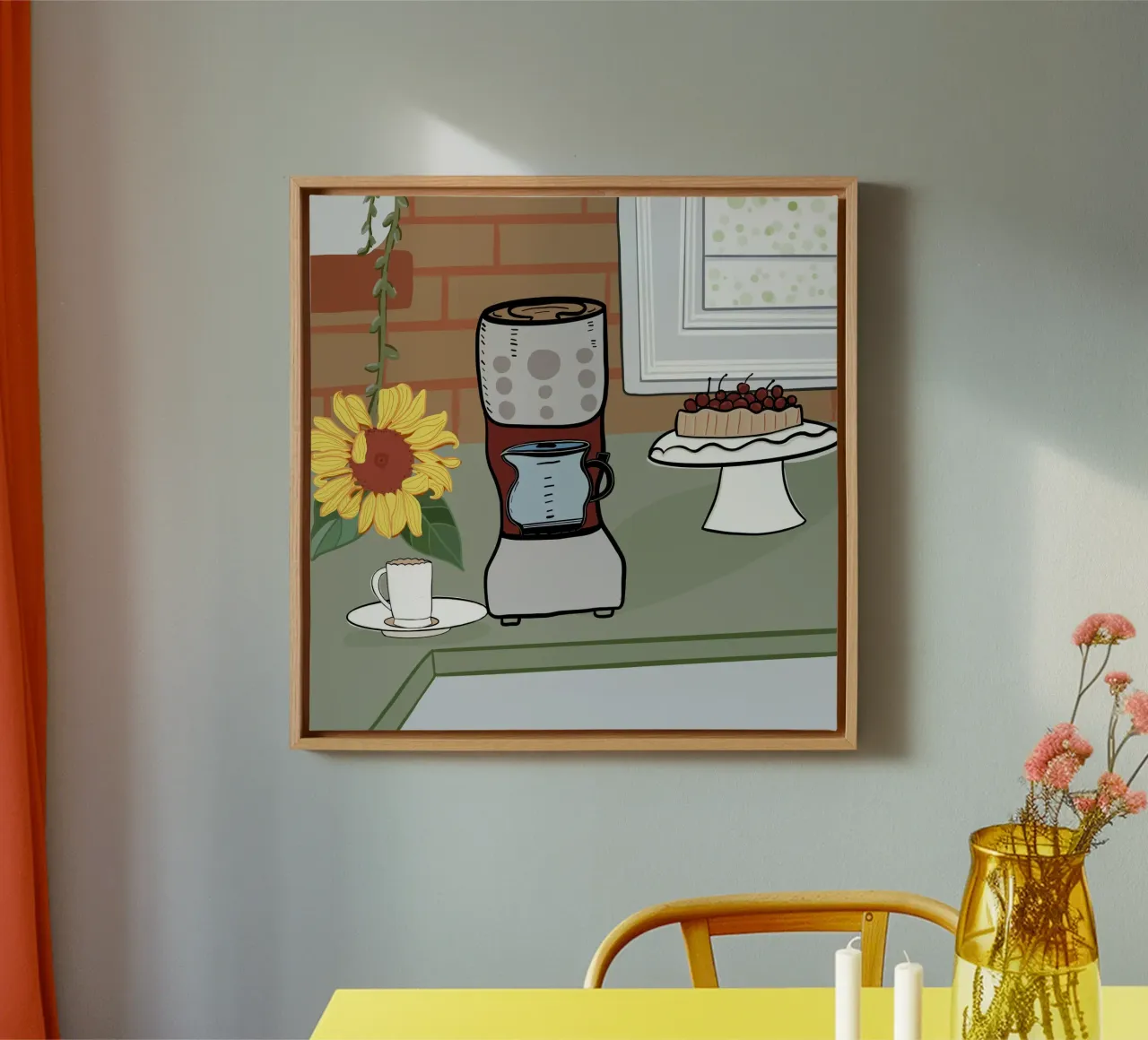 Coffee machine pie and sunflower canvas with Floater frame by gulsengunel