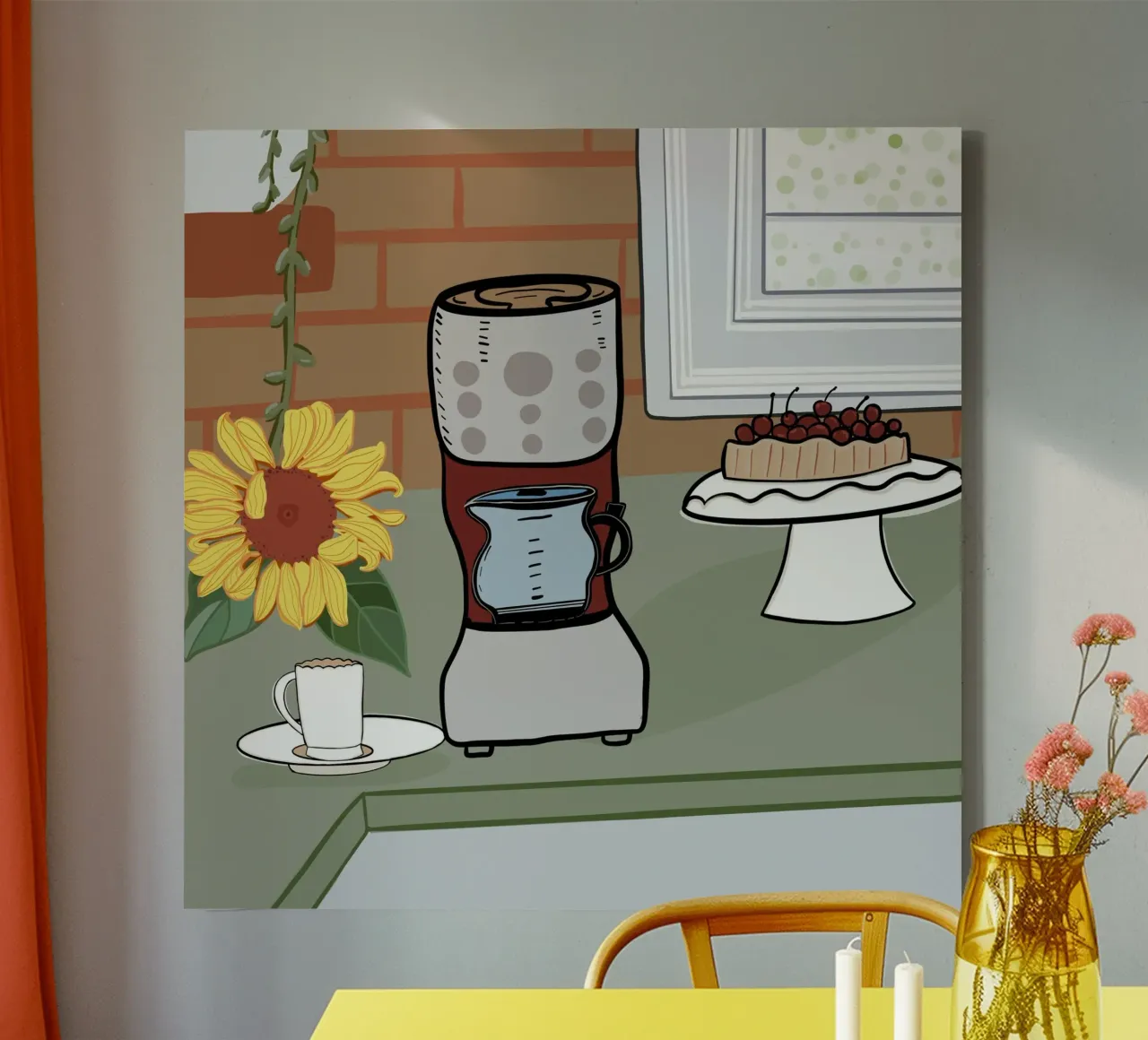 Coffee machine pie and sunflower canvas with Floater frame by gulsengunel