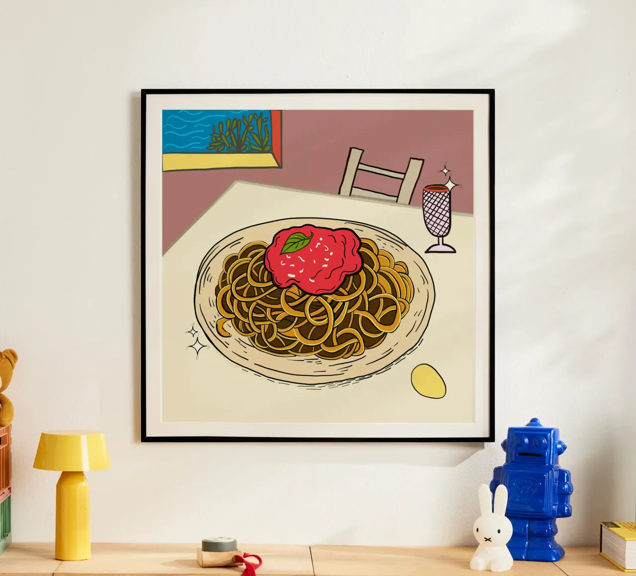 Deliziosi spaghetti in tavola poster con telaio in legno da gulsengunel