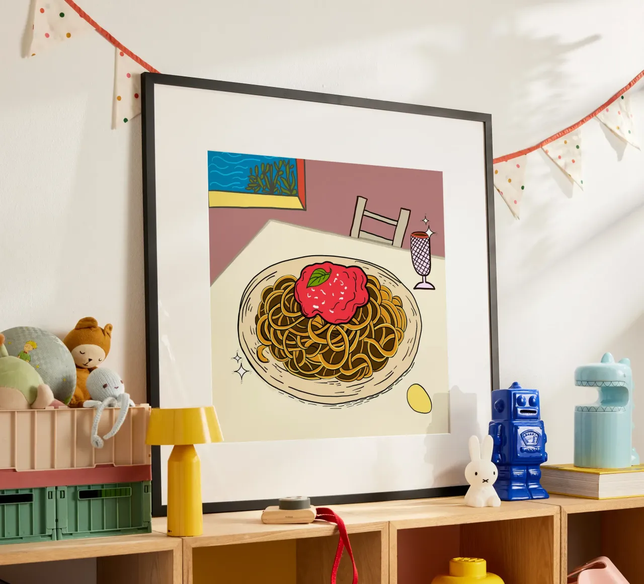 Deliziosi spaghetti in tavola poster con telaio in legno da gulsengunel