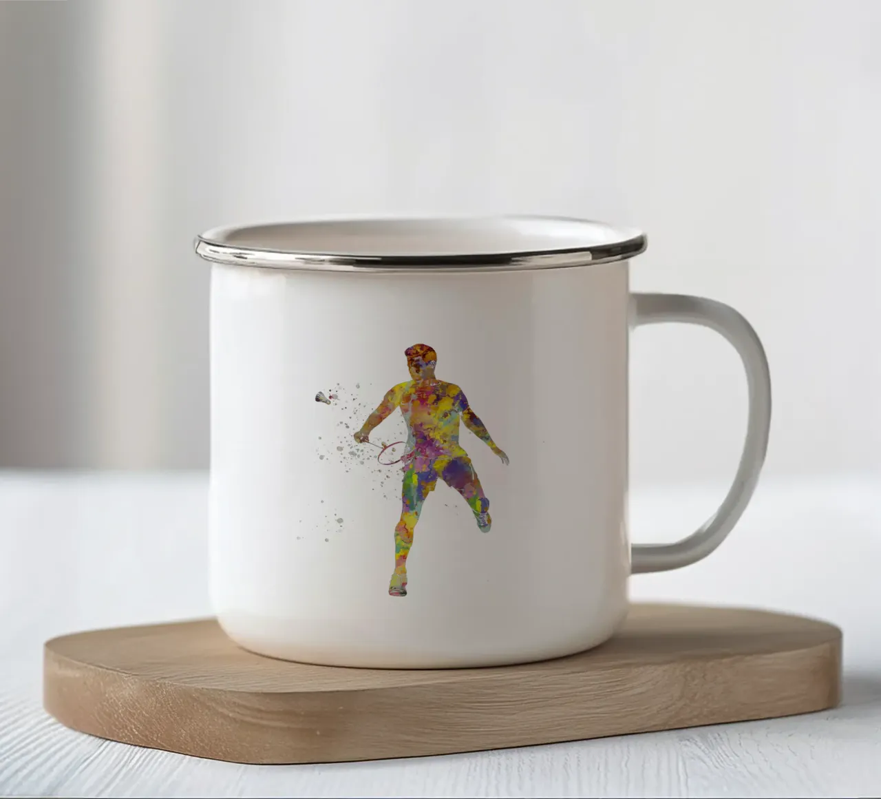 Giocatore di badminton in acquerello tazza in smalto da ⚽ Sports Pulse