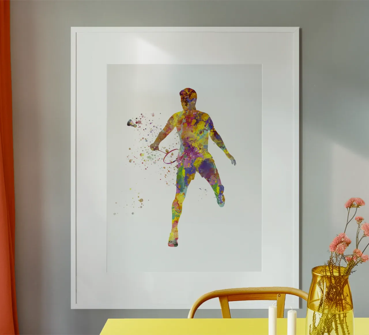 Giocatore di badminton in acquerello poster con telaio in legno da ⚽ Sports Pulse